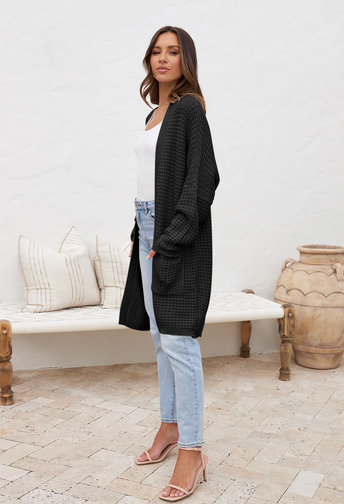 MEROKEETY Women's Oversized Long Batwing Sleeve Cardigan Waffle Knit Sweater Coat - Soft & Cozy Open Front Sweater for Fall & Winter, Perfect for Casual Outfits, Office Wear and Loungewear