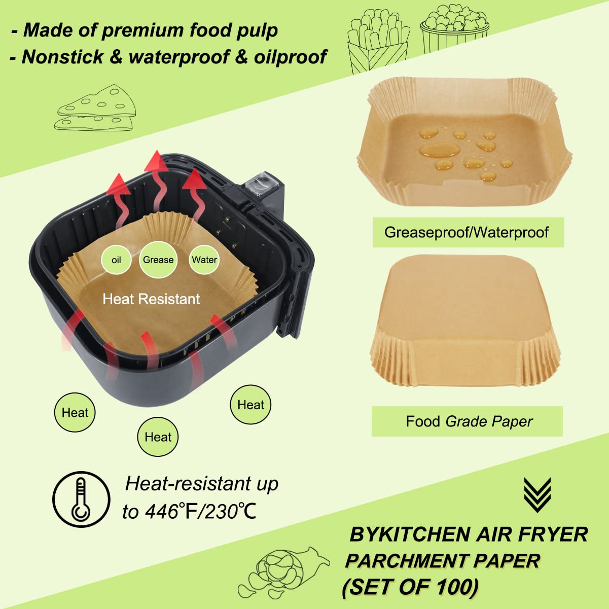 BYKITCHEN 100-Pack 9 Inch Unbleached Air Fryer Liners - Square Nonstick Parchment Paper for COSORI, Ninja, Tower - Perfect for Easy Cleanup & Healthy Cooking