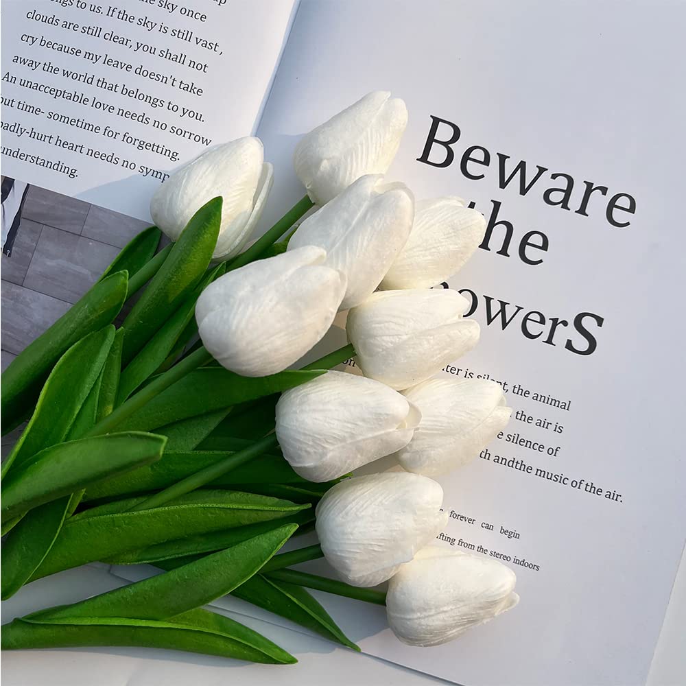 10 Pcs Realistic PU Touch Tulips Artificial Flowers - White Fake Tulip Bouquets for Home, Office, Wedding & Party Decor (Perfect for Centerpieces, Table Arrangements & Gift Wrapping)