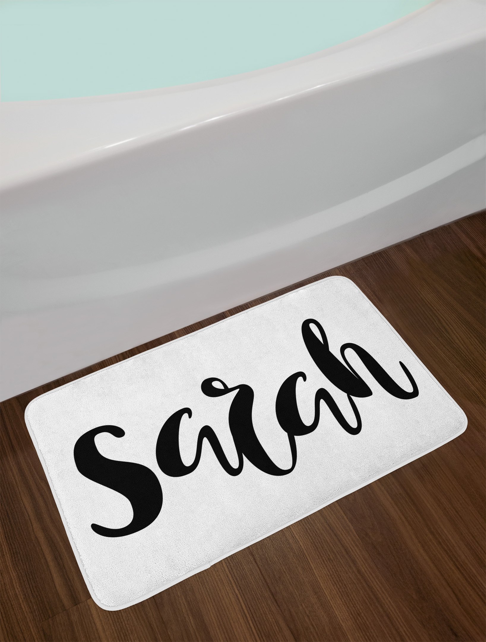 Ambesonne Sarah Bath Mat - Modern Calligraphy Hand Drawn Signature Lettering, Non-Slip Plush Bathroom Rug, 30.2 x 20 Inches, Black & White - Perfect for Contemporary Bathroom Decor & Guest Bathrooms