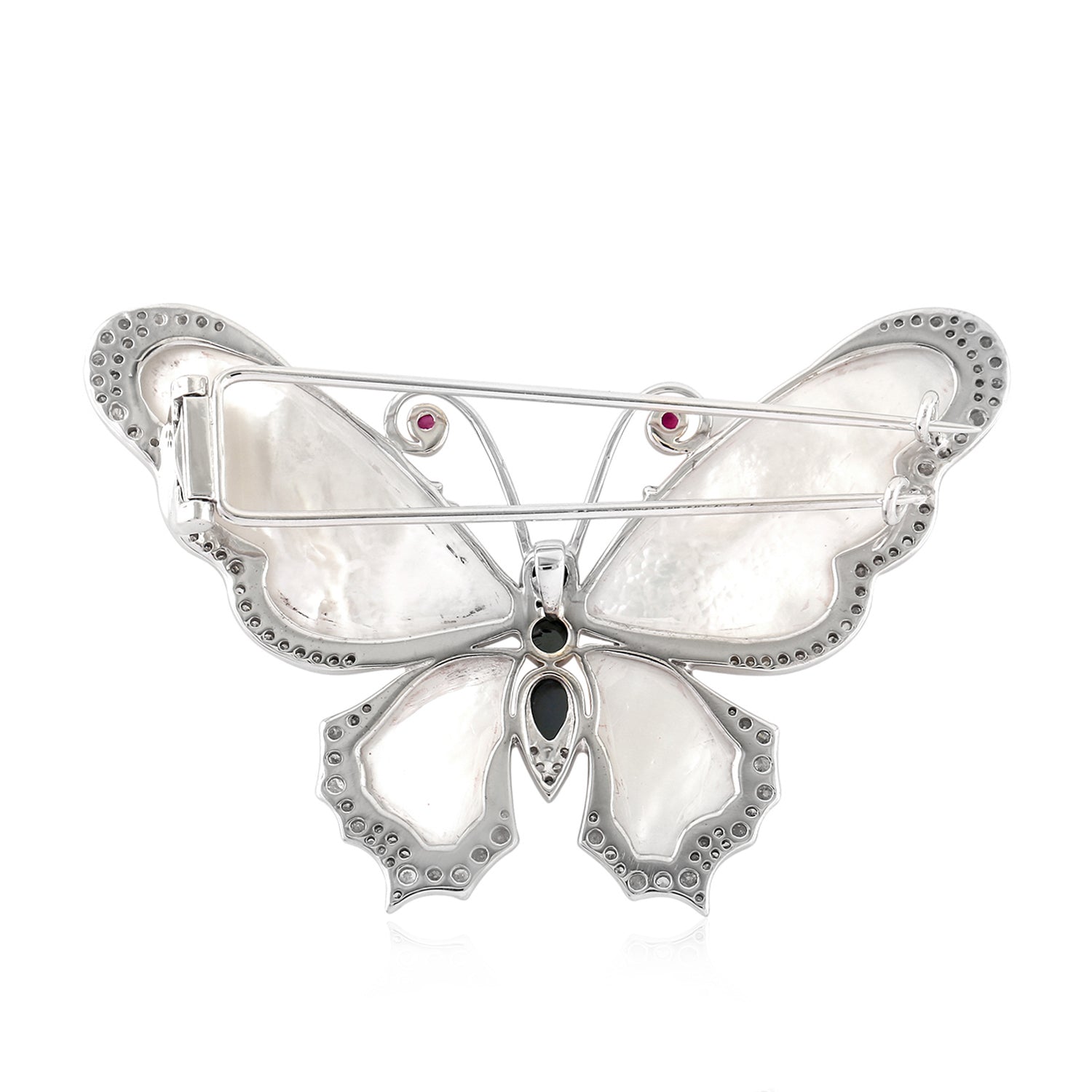 Elegant Mother of Pearl Brooch with Spinel, Ruby, and Pave Diamonds in 18K White Gold – Perfect Gift for Weddings, Anniversaries & Special Occasions