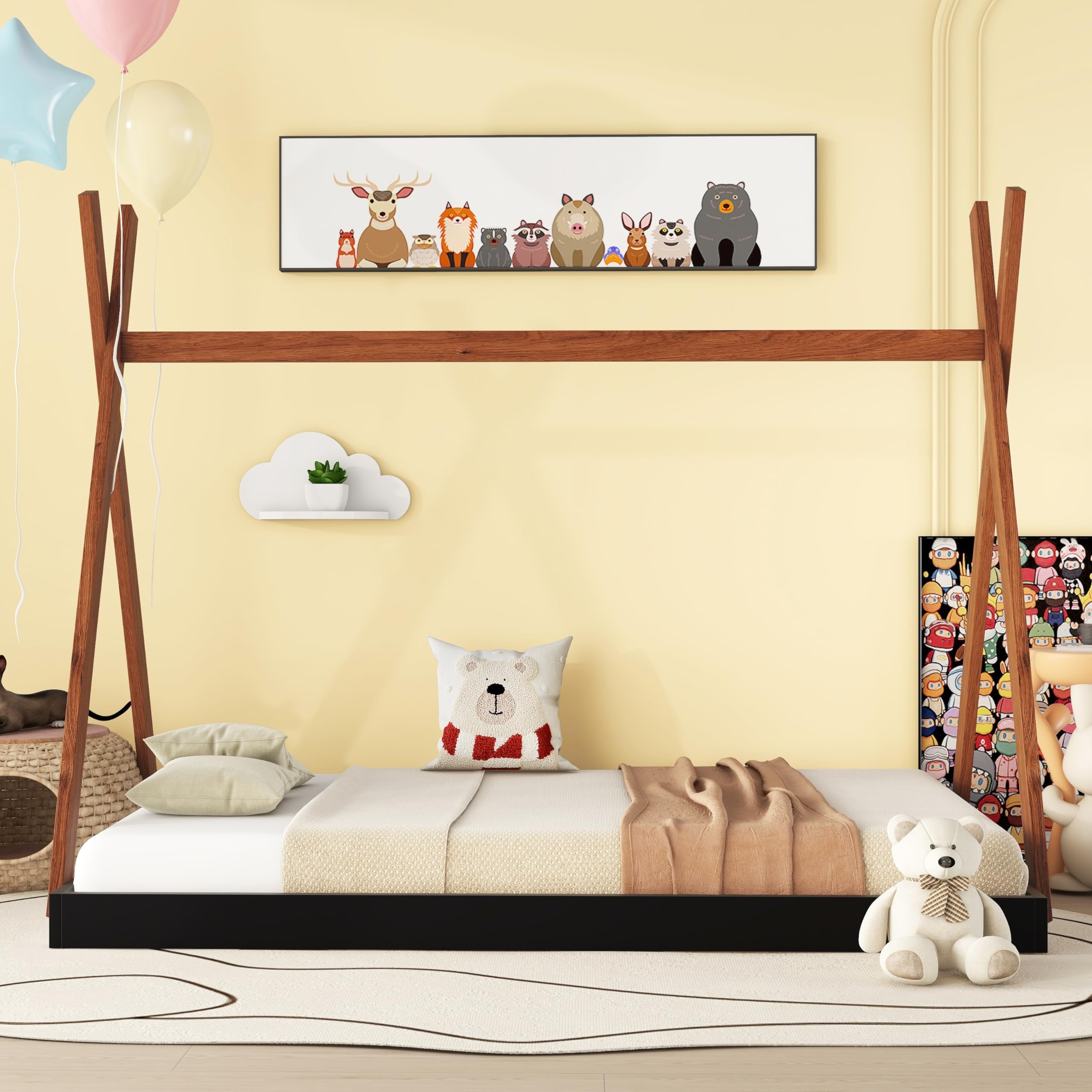 Bellemave Twin Size Tent Floor Bed Frame with Triangle Structure - Teepee Style Montessori Bed for Kids, Girls & Boys - Sturdy Wooden Platform Bed for Playrooms & Bedrooms (Twin, Black + Brown) - Perfect for Imaginative Play & Cozy Sleep Spaces