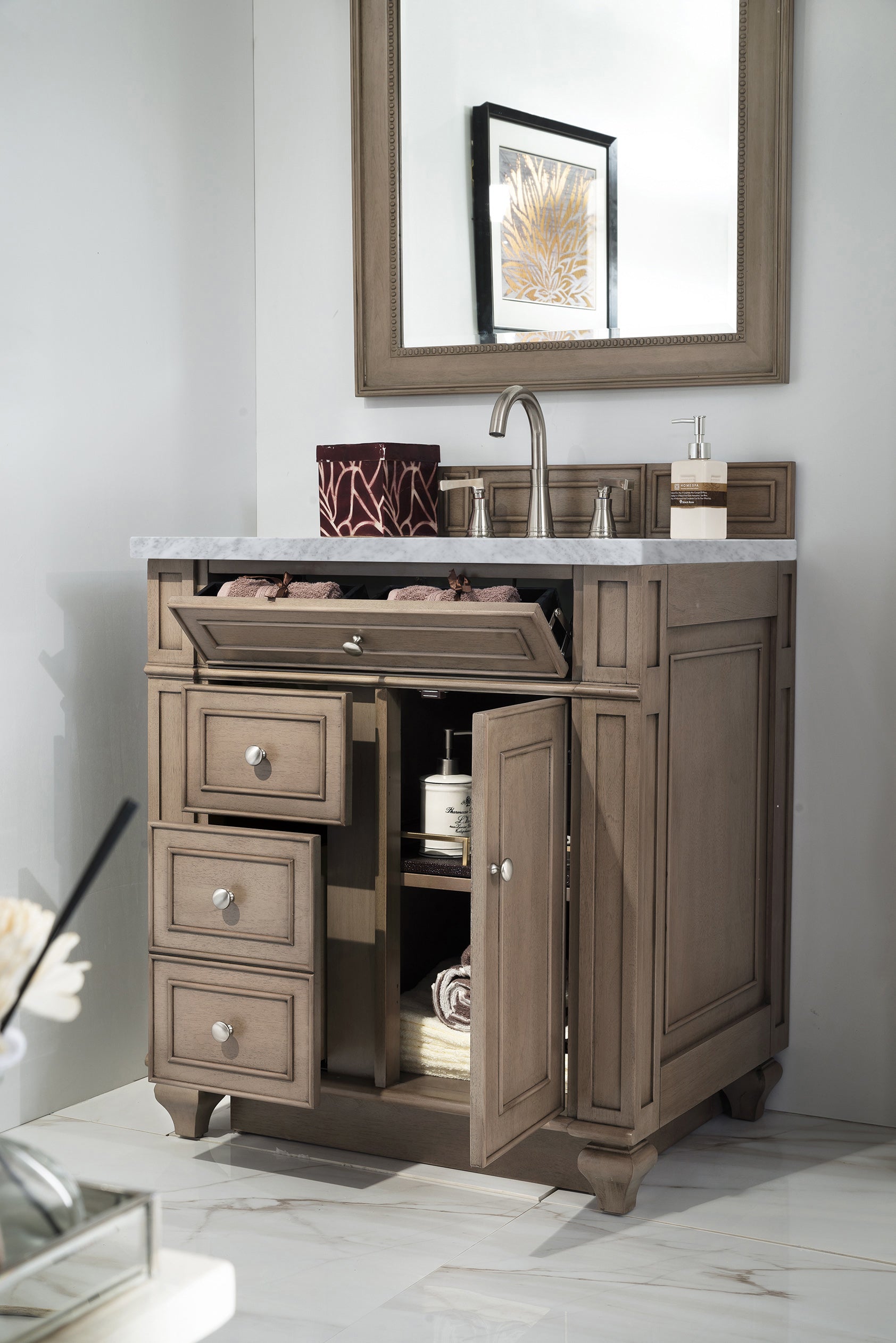 Bristol 30-Inch Single Bathroom Vanity Set - Whitewashed Walnut Finish with 3CM Carrara Marble Countertop | Perfect for Modern Farmhouse & Coastal Bathroom Designs