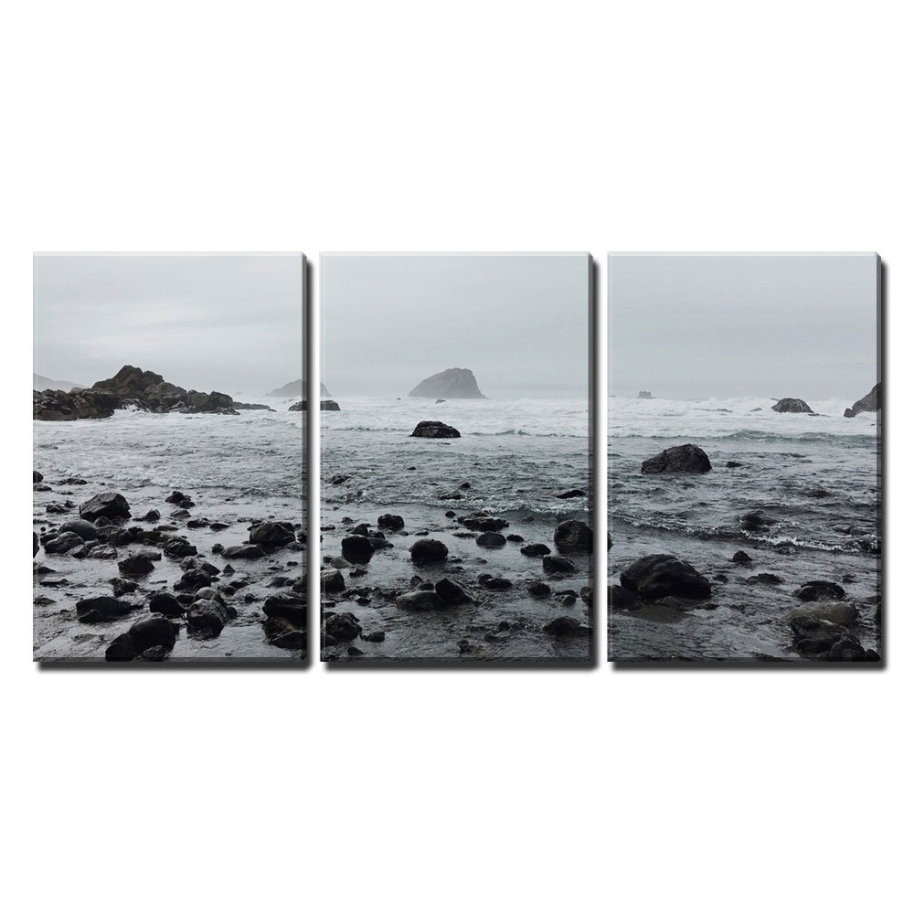 wall26 - 3 Piece Canvas Wall Art Set - Rock Stones on Beach Landscape Painting in Cloudy Day - Modern Framed Home Decor Ready to Hang (24