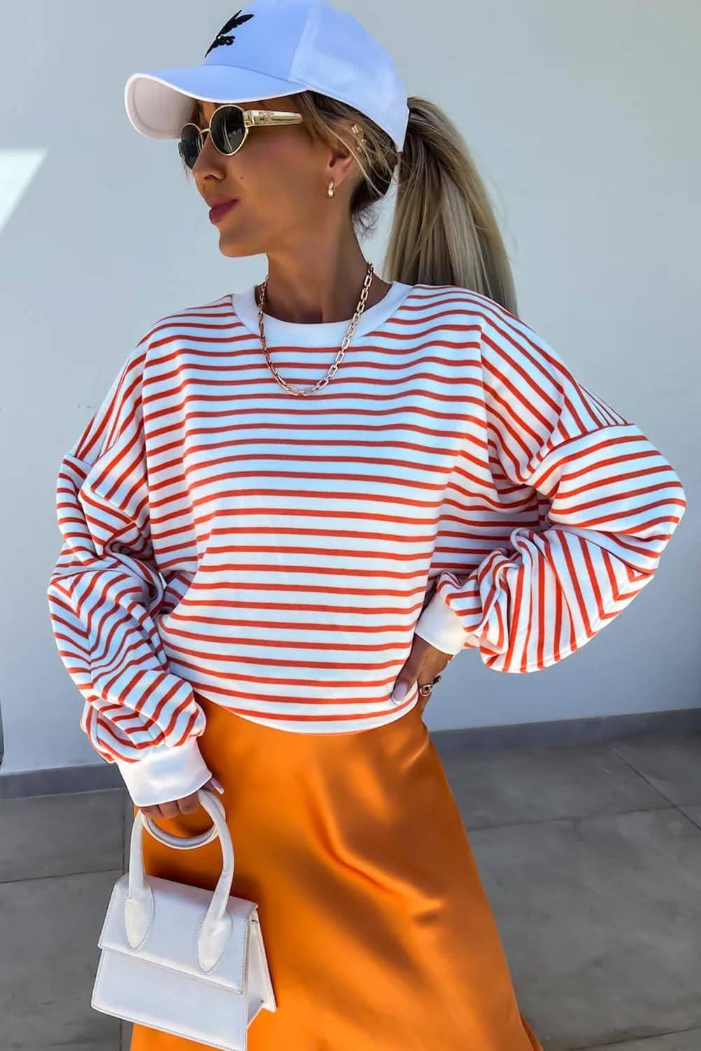 Stylish Orange Striped Oversized Sweatshirt for Women - Cozy & Trendy Pullover for Casual Wear, Loungewear & Street Style Fashion