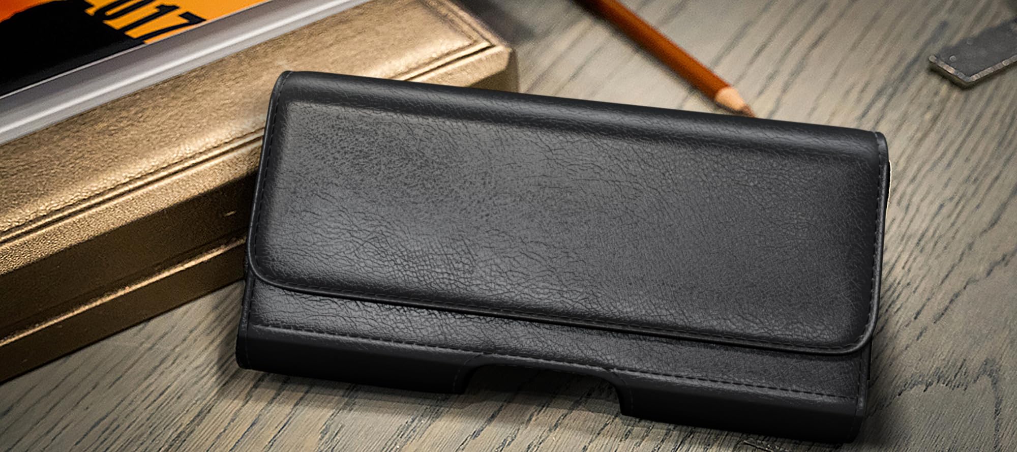 DeBin iPhone 16 Pro Max/16 Plus/15 Pro Max/14 Plus/13/12/11/Xs/8/7/6s Belt Holster - Men's Leather Phone Case with Clip & ID Card Holder - Compatible with Otterbox Commuter Case (Large, Black) - Perfect for Work, Travel & Outdoor Activities