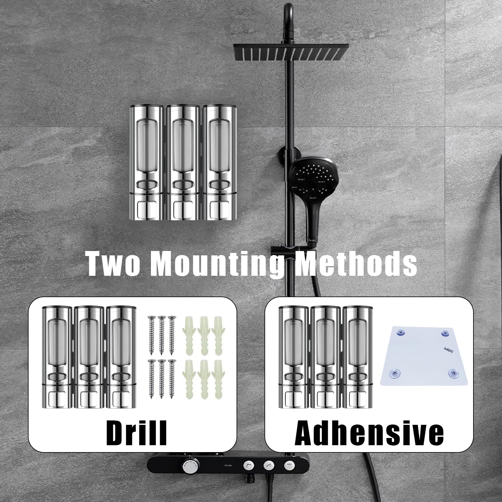 3 in 1 Bathroom Shampoo and Conditioner Dispenser with Waterproof Labels | No-Drill Shower Pump Dispenser Organizer - Holds Shampoo, Soap & Body Wash for Home, Hotel, RV | Perfect for Small Bathrooms, Travel & Space Saving Storage