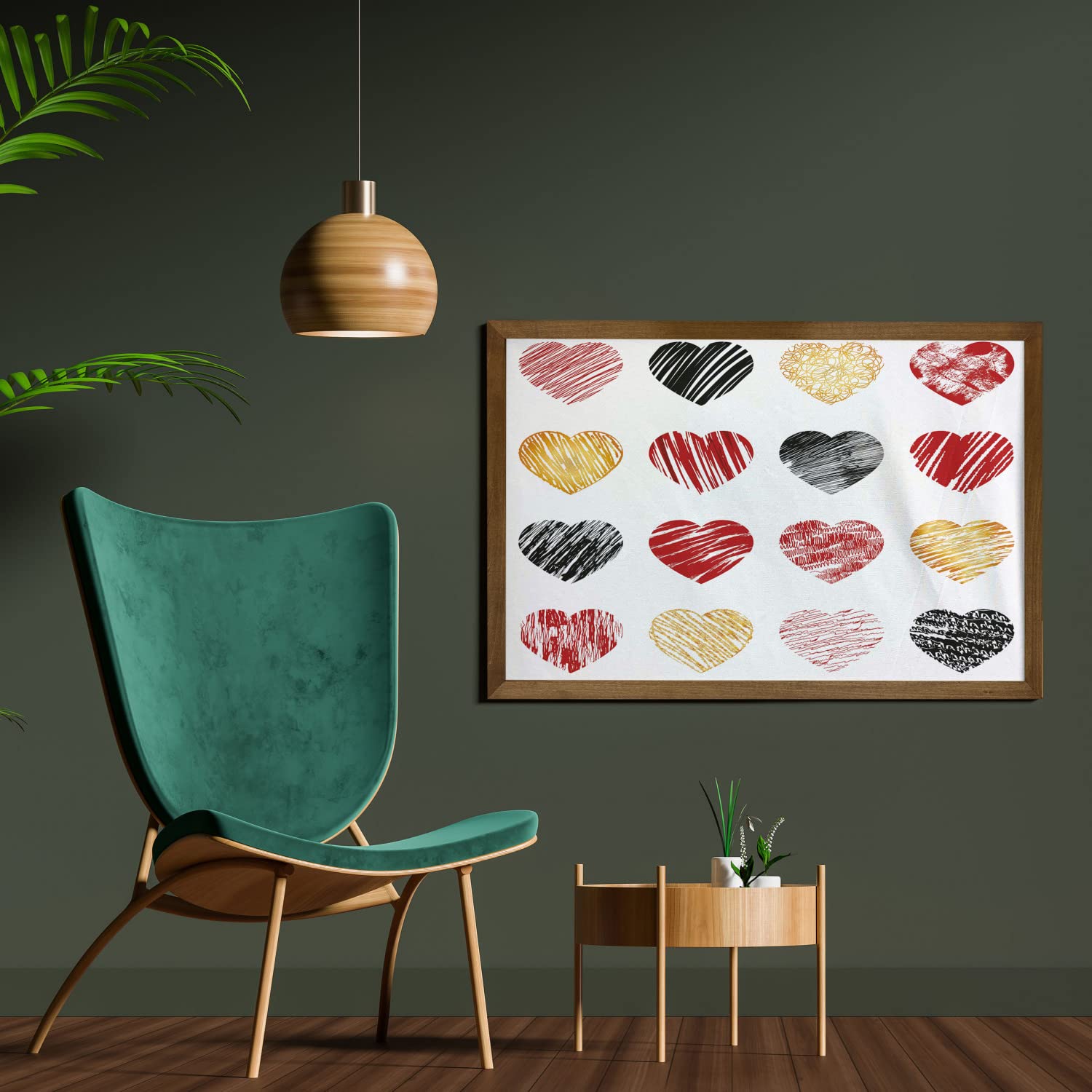 Ambesonne Romantic Heart Wall Art - Hand Painted Valentine's Wedding Decor with Teak Wood Frame, 35x23 Inches, Pale Coffee Black Red - Perfect for Bedroom, Living Room & Dorm Decor