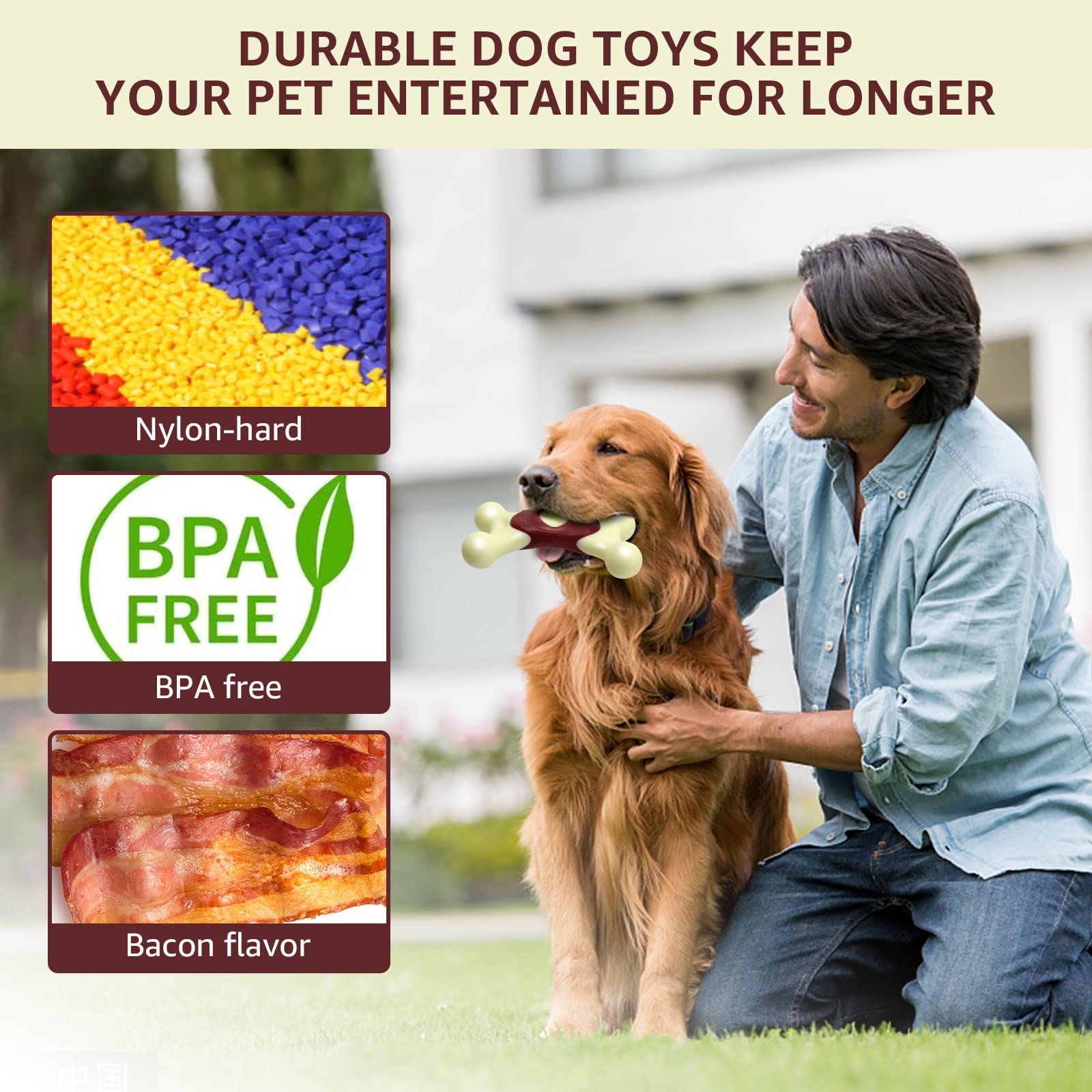Durable Indestructible Dog Chew Toys for Aggressive Chewers - NOUGAT Interactive Bacon Flavor Dog Toy for Large & Small Breeds | Perfect for Playtime, Training & Anxiety Relief