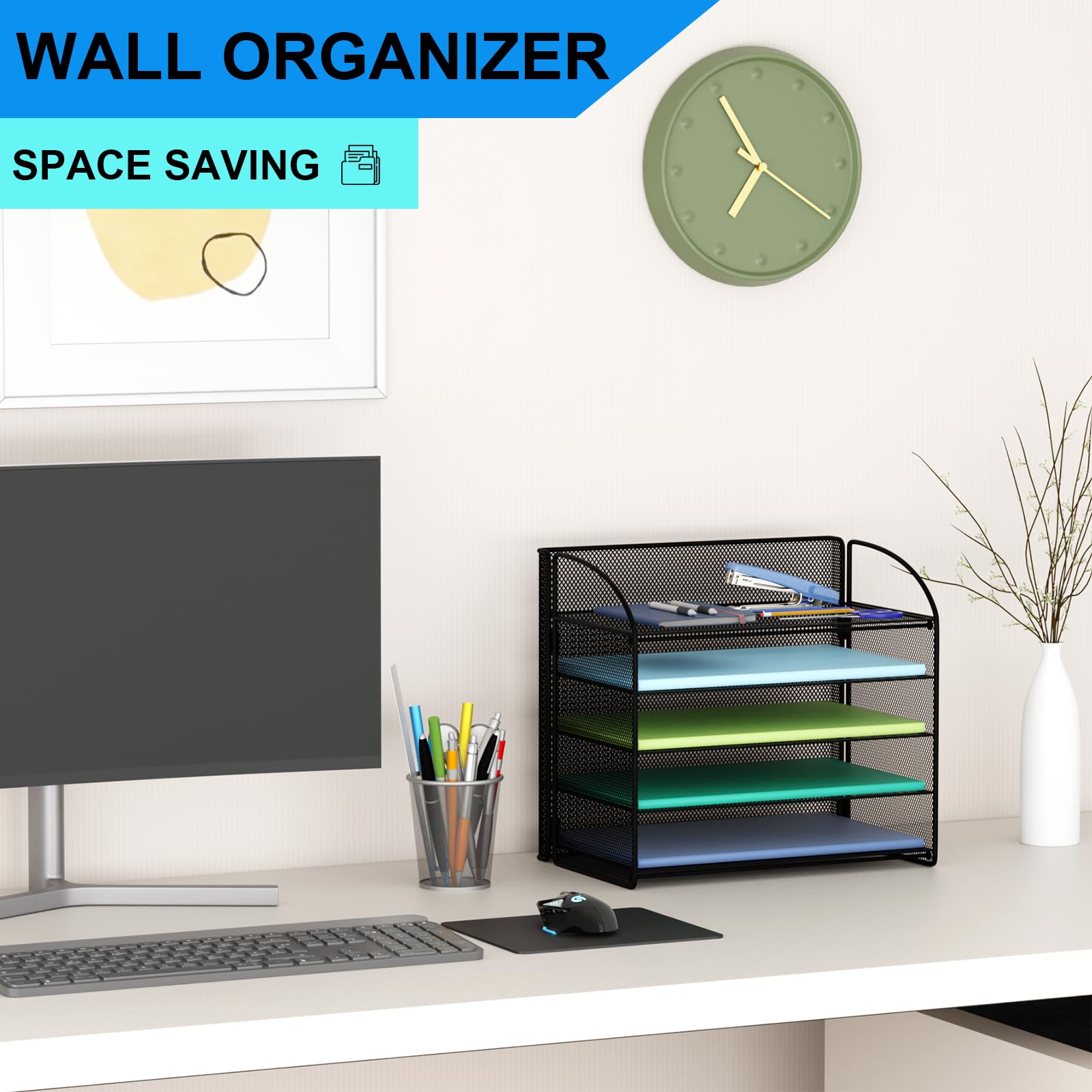 5-Tier Mesh Letter Tray Organizer with Handle - Black Desktop File Holder for Office Documents, Mail & Paper Storage - Perfect for Home, School or Workplace Organization (Ideal for Desk, Countertop & Shelf Use)