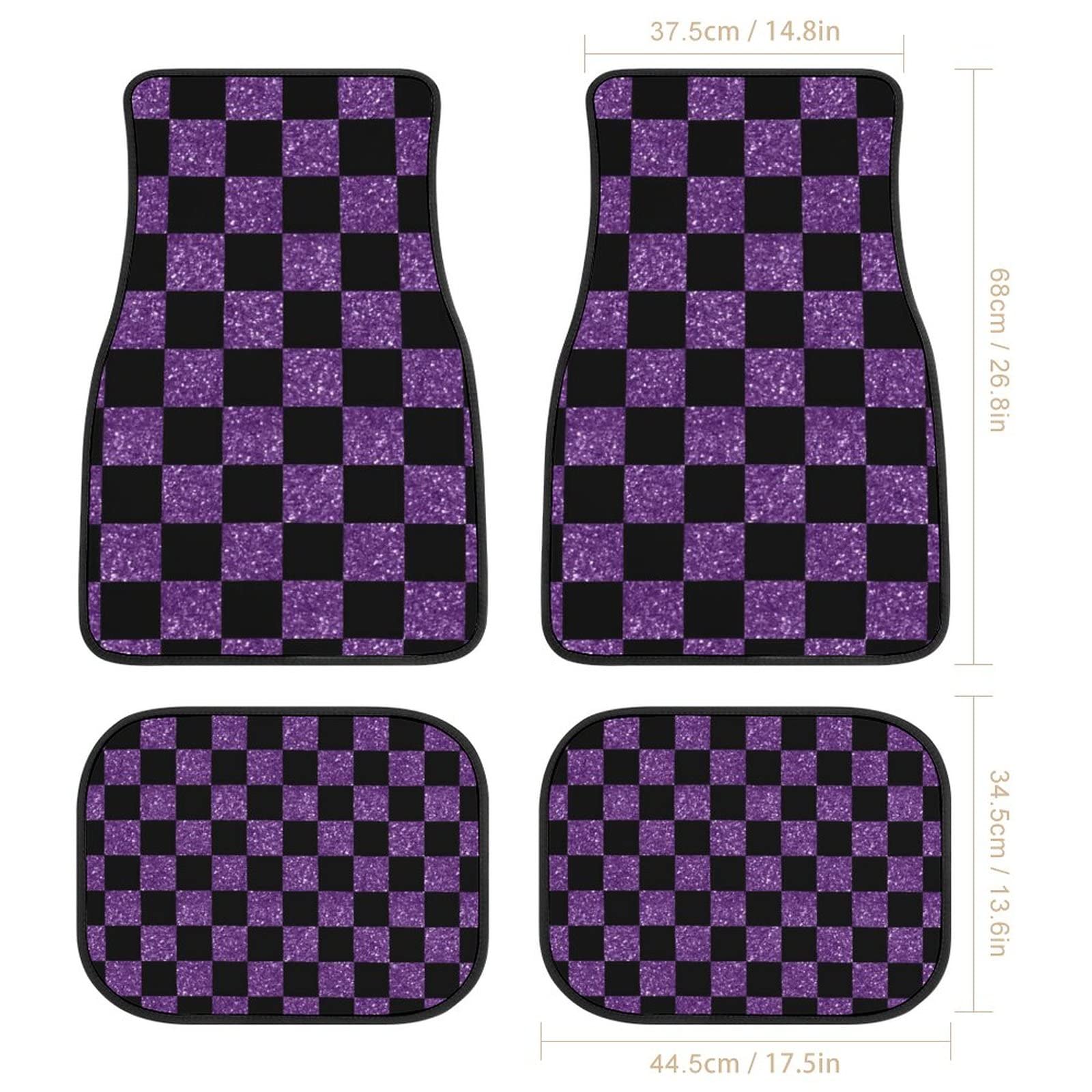 Glitter Purple and Black Checkered 4-Piece Universal Car Floor Mats Set - All Weather Protection for SUV, Van, Sedan, Truck - Perfect for Daily Commute, Road Trips & Winter Driving