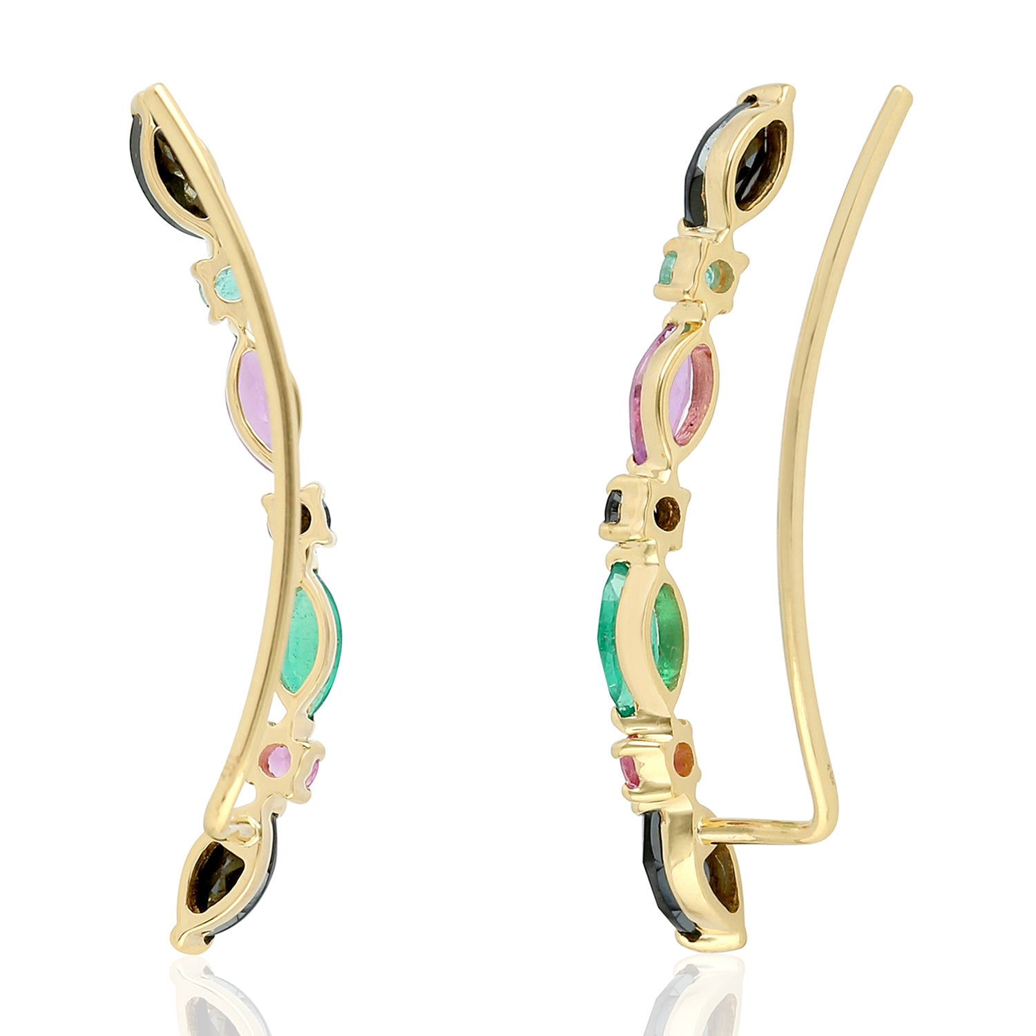 Exquisite Marquise Cut Pink Spinel & Emerald Ear Climber Earrings in 14K Yellow Gold | Elegant Dangle Earrings for Women | Perfect for Weddings, Parties & Special Occasions