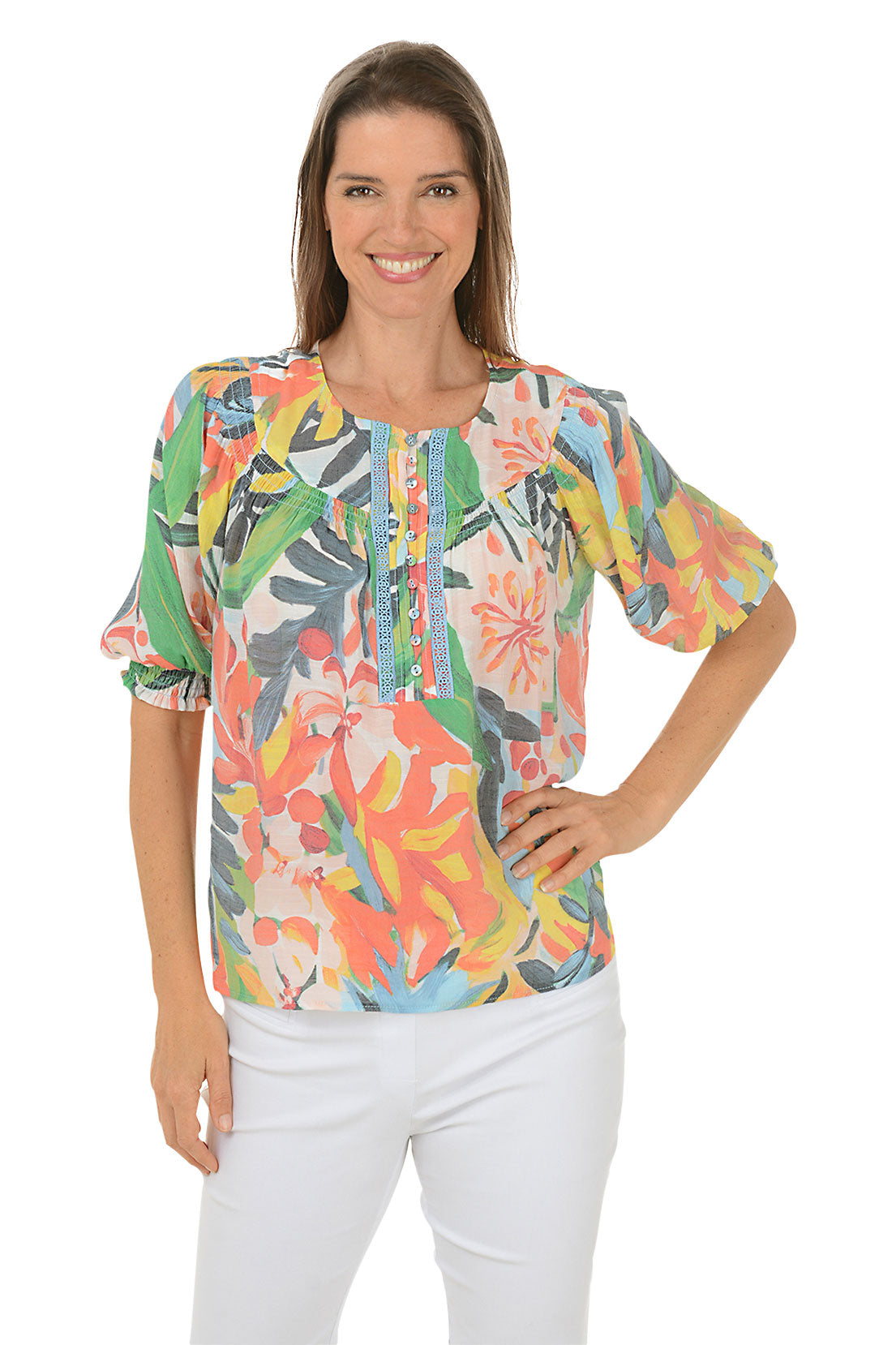 Hand-Painted Floral Crochet Yoke Button-Up Blouse for Women - Boho Chic Summer Top for Garden Parties & Beach Vacations