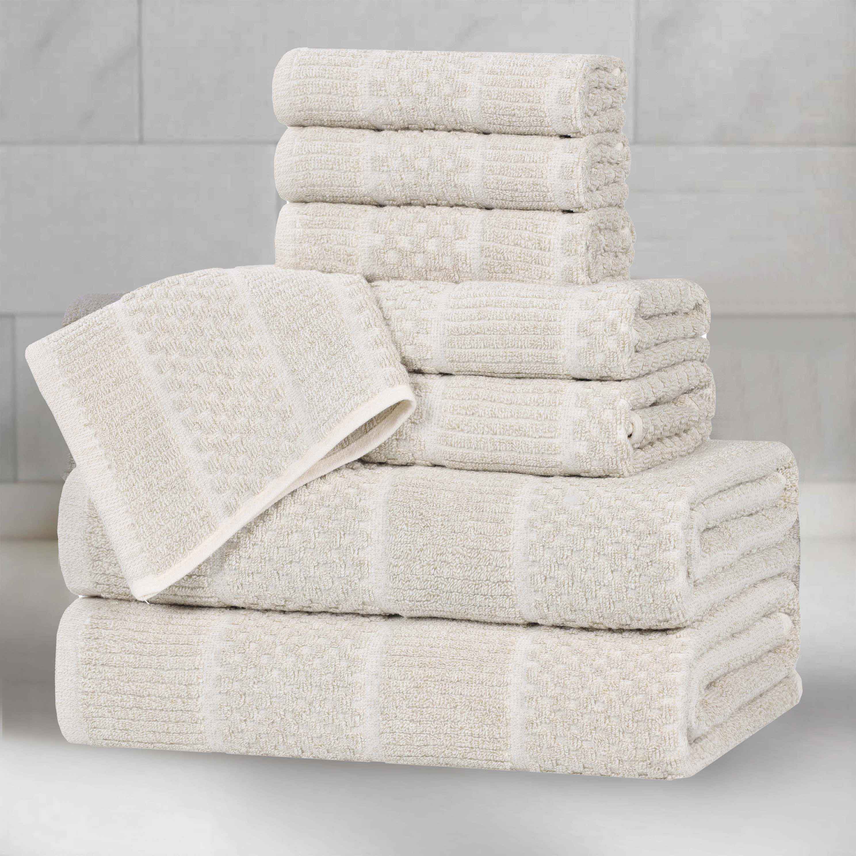 Premium 8-Piece Cotton Blend Towel Set - Medium Weight, Checkered & Ribbed Design for Bath, Spa, and Beach | Soft & Absorbent Luxury Towels