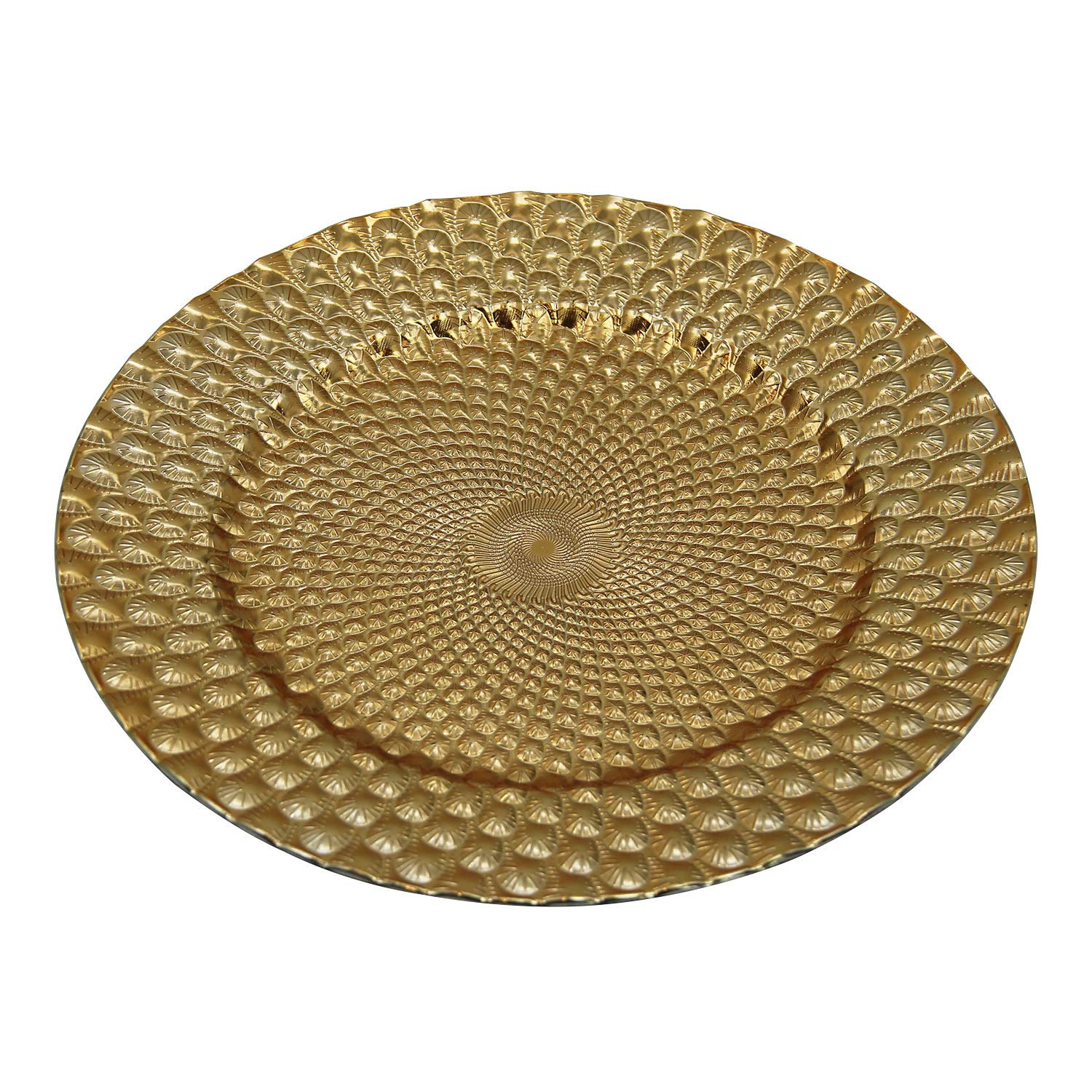 WELMATCH 12-Pack Gold Plastic Peacock Charger Plates - 13 Inch Round Decorative Dinner Plates for Wedding, Party & Special Events - Elegant Table Setting for Formal Dining & Celebration Decor