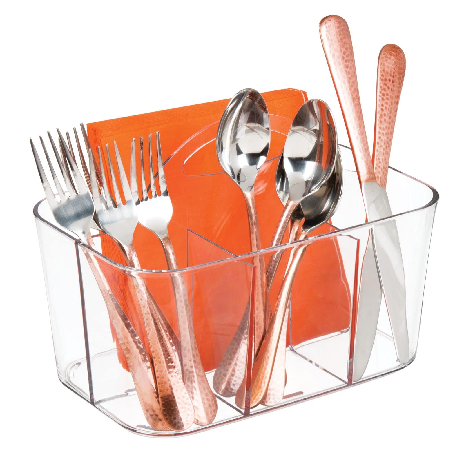 mDesign Plastic Cutlery Storage Organizer with Handle - Kitchen Cabinet Divided Caddy for Forks, Knives, Spoons & Napkins | Indoor Outdoor Use | Clear Lumiere Collection | Perfect for Picnics, BBQs & Dining Organization