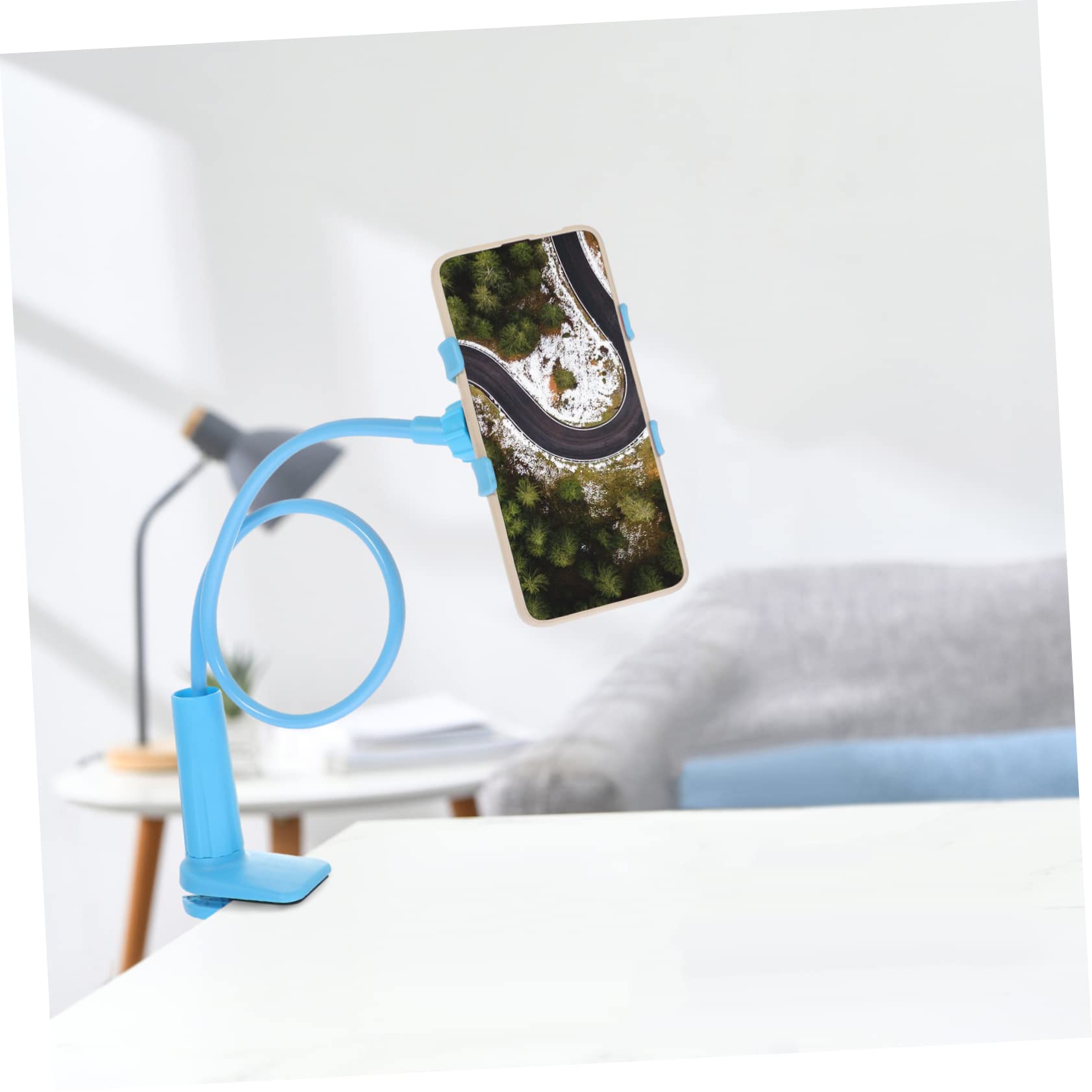Sturdy Dual Clamp Phone Stand Holder for iPhone, iPad, Tablet - Adjustable & Portable Blue - Perfect for Desk, Office, Video Calls, Cooking, Reading & Hands-Free Viewing