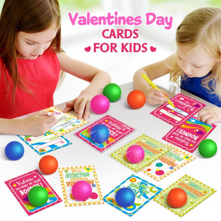 28 Pack Valentine's Day Cards for Kids with Stretchy Ball Set - Sensory Squeeze Fidget Toys for Classroom Exchange, Party Favors & Stress Relief (Great for Valentine's Gifts, School Activities & Anxiety Relief)