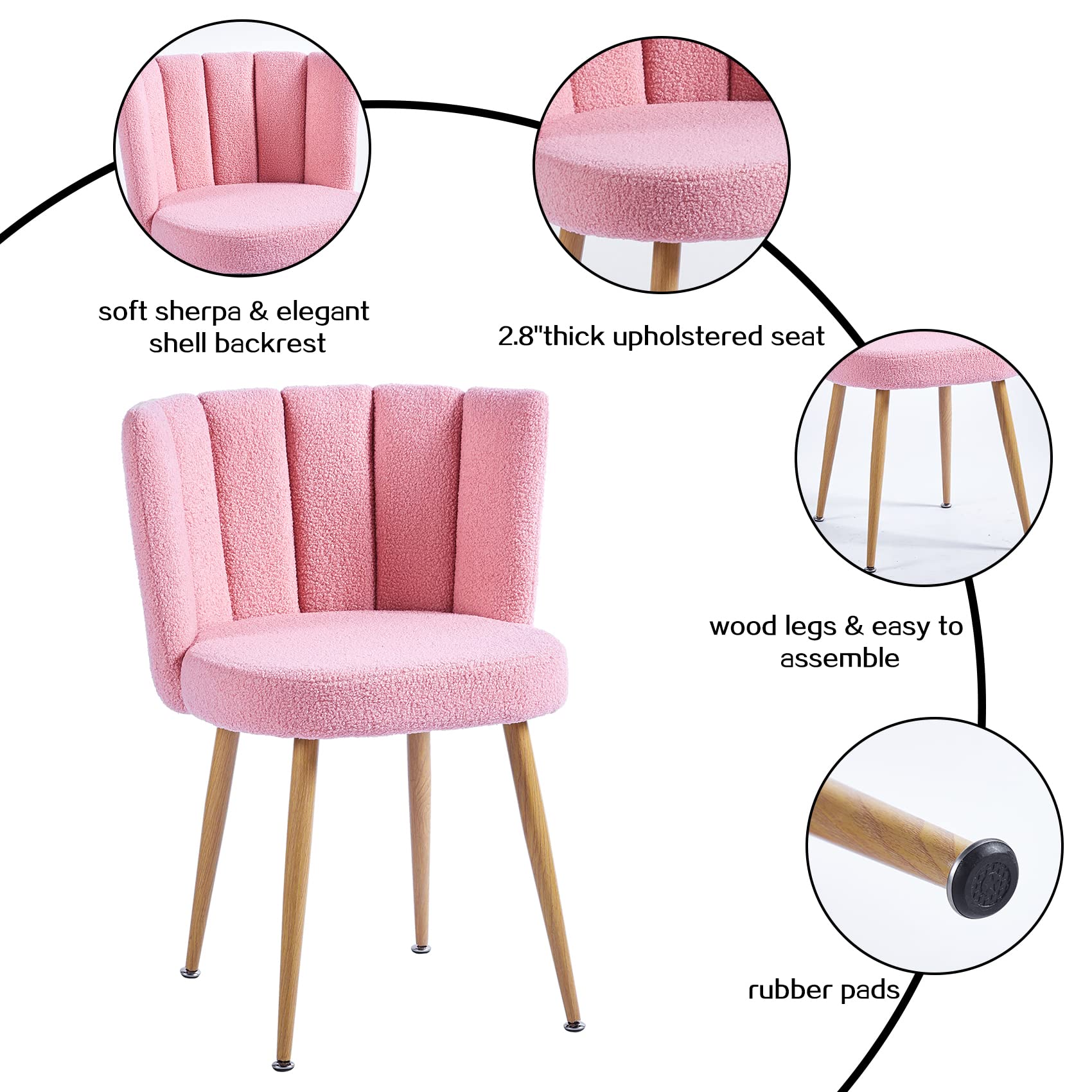 Pink Sherpa Accent Chairs Set of 2 - Mid Century Modern Upholstered Side Chairs for Dining Room, Living Room, Bedroom & Vanity - Cozy Seating for Home Office, Reading Nook & Lounge Areas