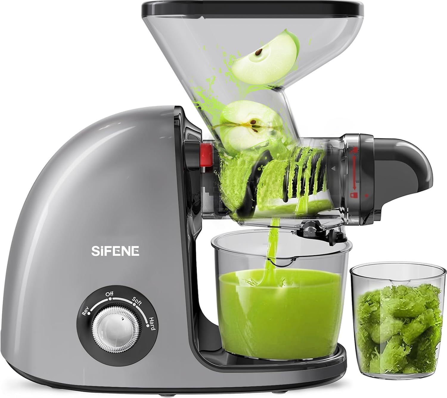 SiFENE Slow Masticating Juicer - Cold Press Fruit & Vegetable Juicer with Dual Mouth, High Juice Yield, Quiet Motor & Anti-Clog System, Easy to Clean, BPA-Free (Gray) - Perfect for Healthy Juicing at Home, Office, or Gym