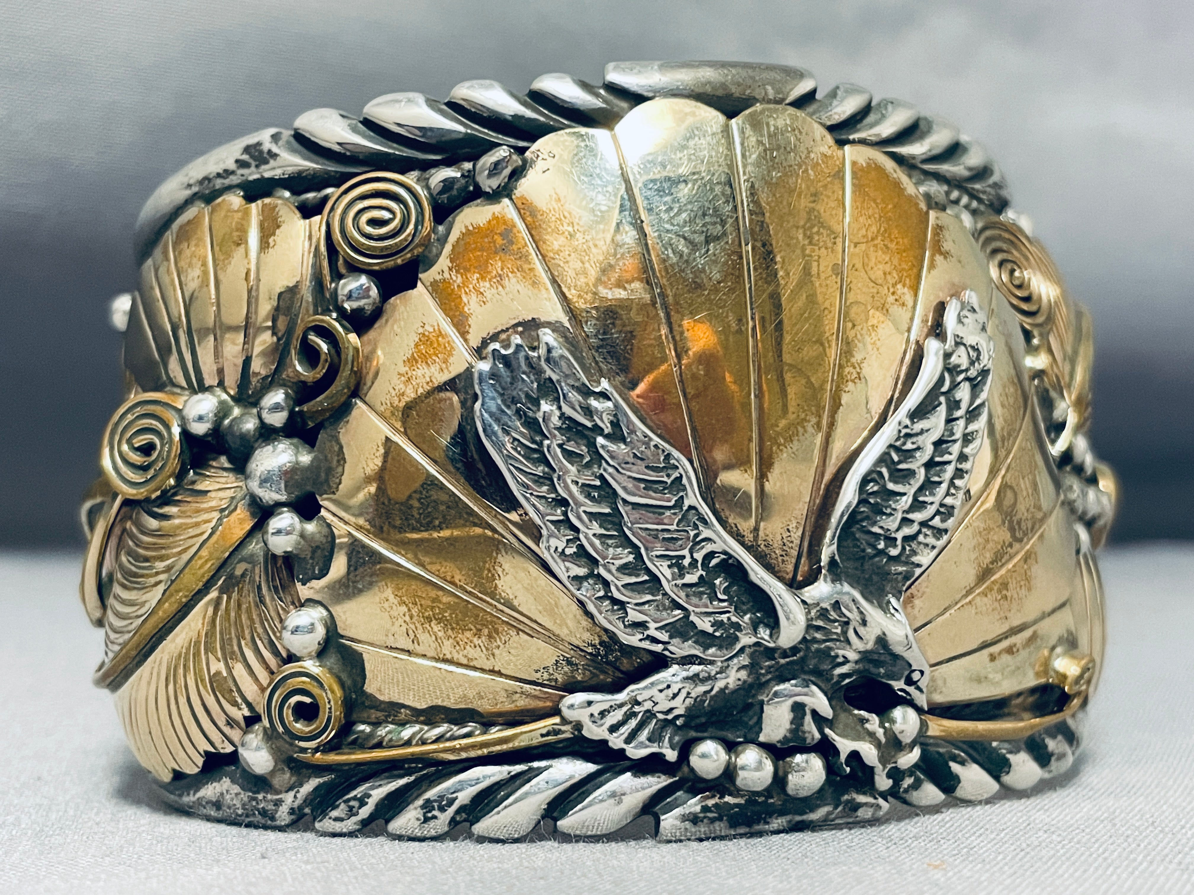 122 Gram Vintage Al Chee Native American Navajo Gold Sterling Silver Eagle Bracelet - Handmade Tribal Jewelry for Women & Men - Perfect for Boho Fashion, Gift Giving & Cultural Events