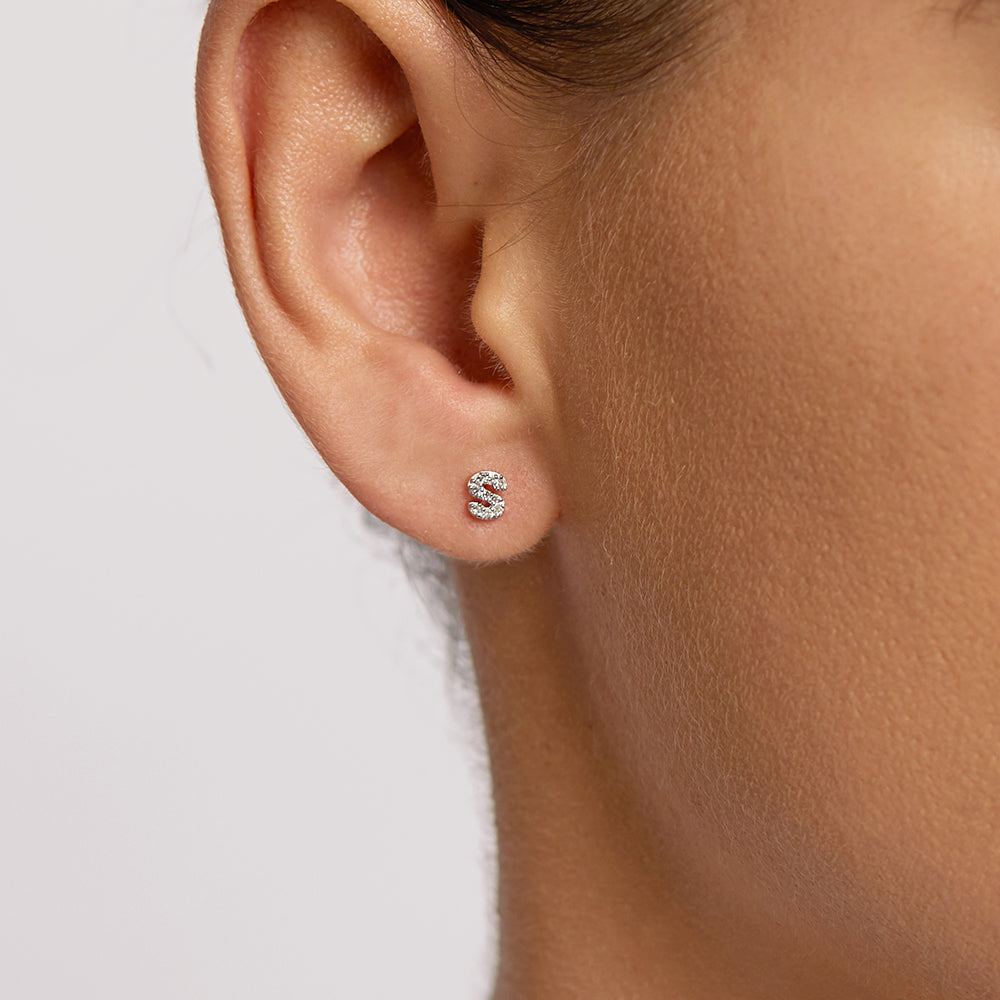 Diamond Letter S Single Stud Earring in Sterling Silver - Perfect for Everyday Wear & Personalized Gifts