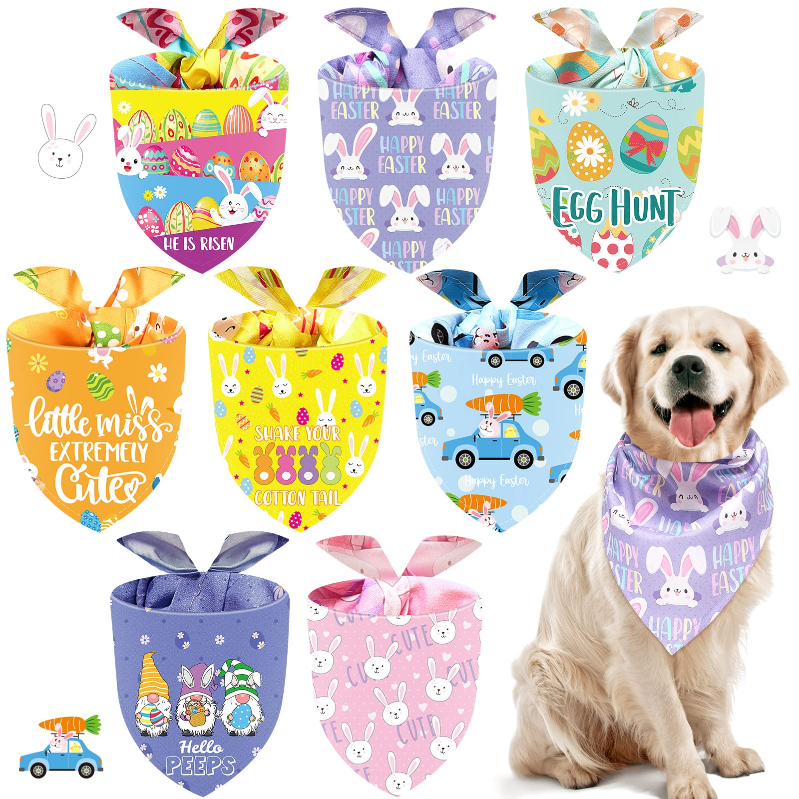 8-Piece Easter Pet Bandanas Set - Colorful Egg Bunny Triangle Bibs & Washable Dog Scarves for Dogs & Cats - Adorable Holiday Costume Accessories for Easter Celebrations & Pet Parties