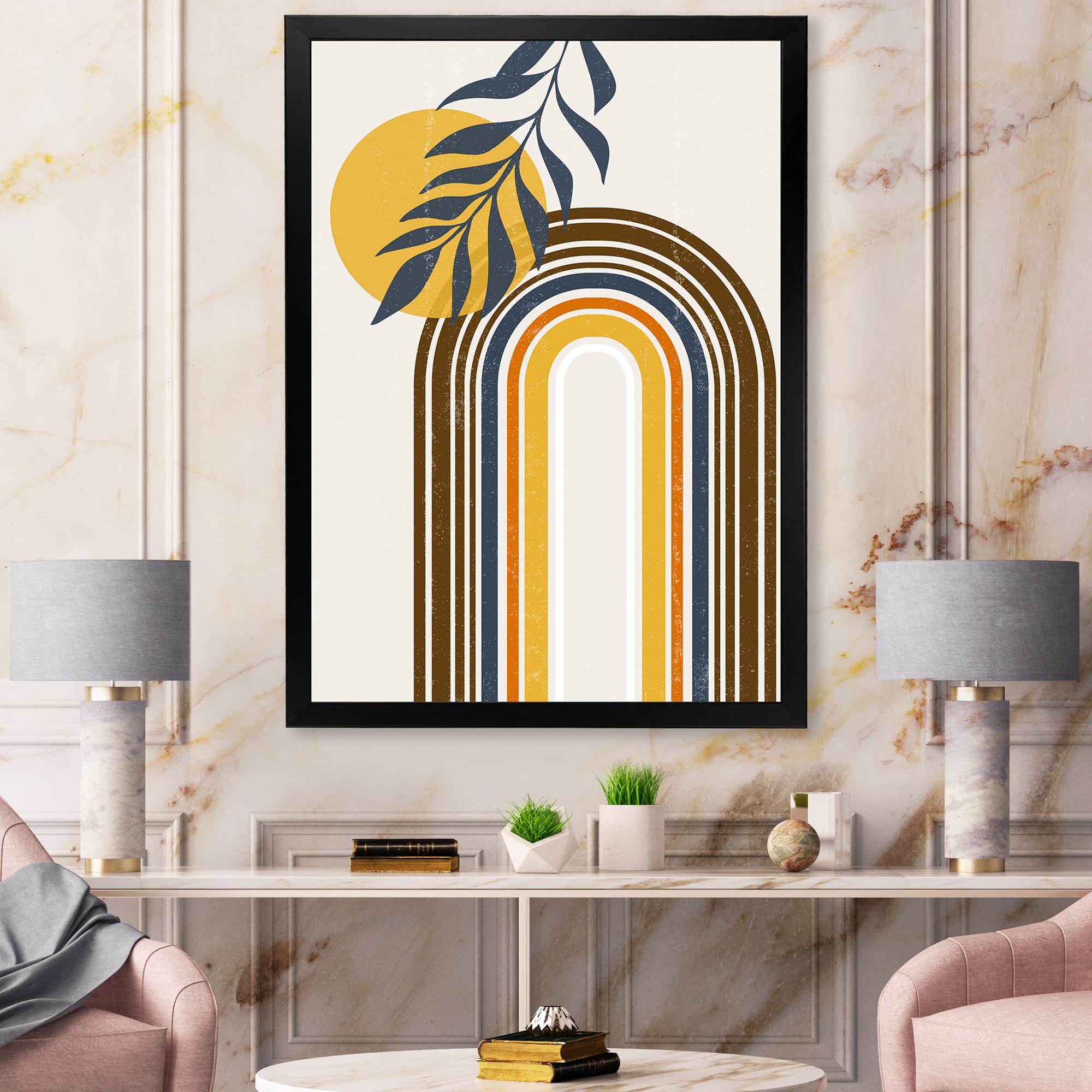 Abstract Sun Moon Leaves II Modern Framed Wall Art - Nature Inspired Home Decor for Living Room, Bedroom & Office