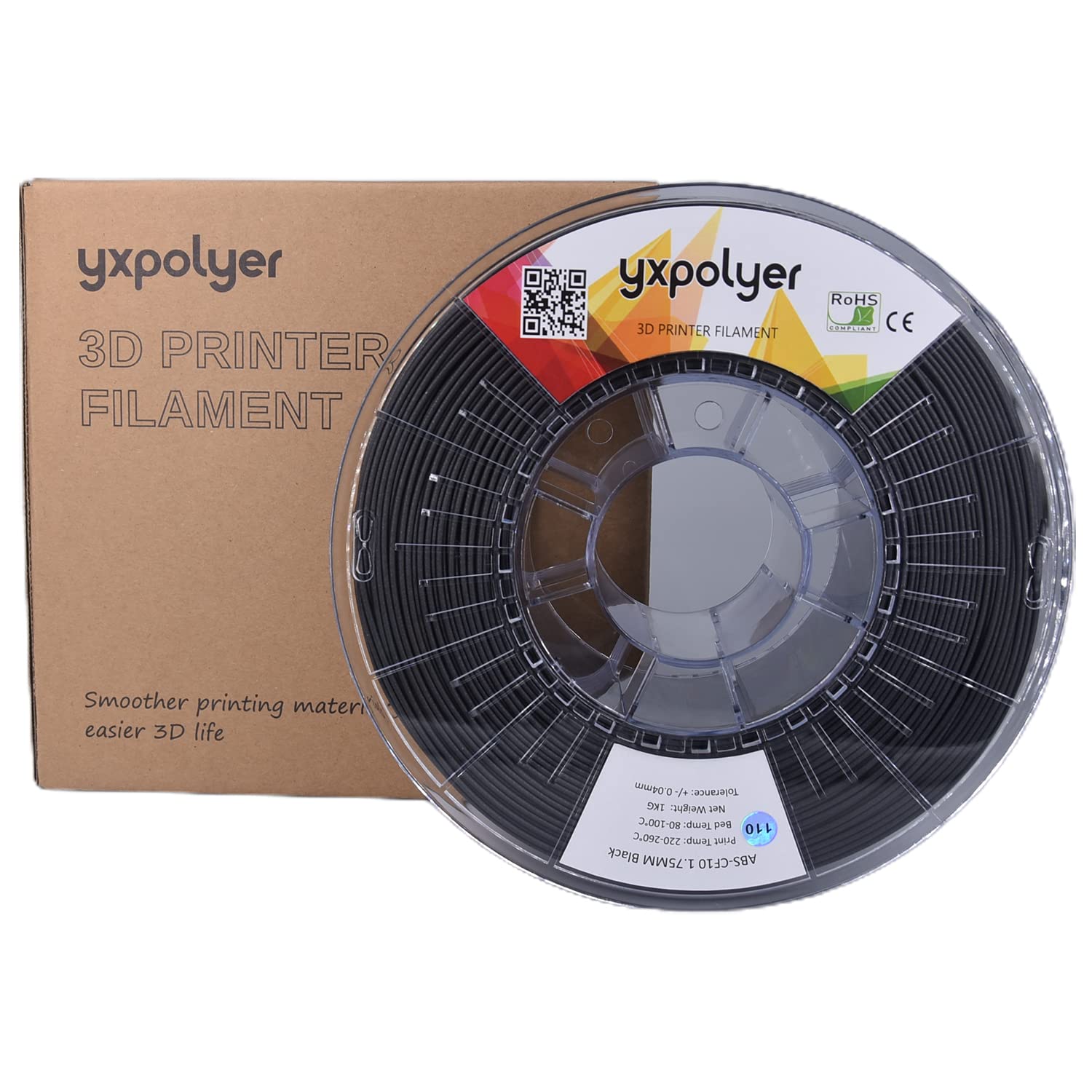 YXPOLYER Carbon Fiber ABS Filament 1.75mm for 3D Printing - High Strength Engineering Filament 1kg Spool (Black) - Perfect for Automotive Parts, Drone Frames & Industrial Prototypes