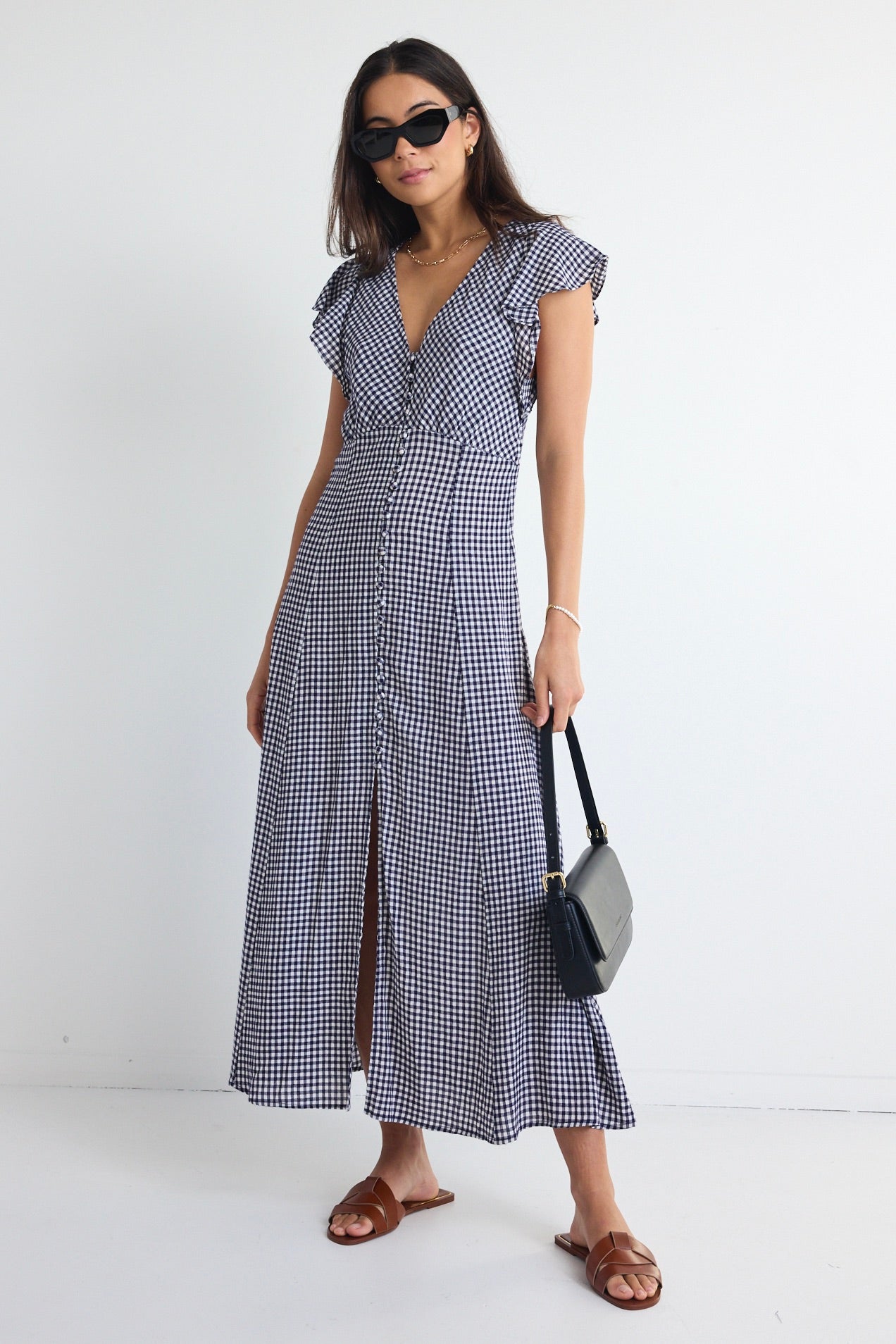 Flawless Navy Gingham Fluted Sleeve Button Front Midi Dress for Women - Elegant Summer Office Wear & Garden Party Outfit