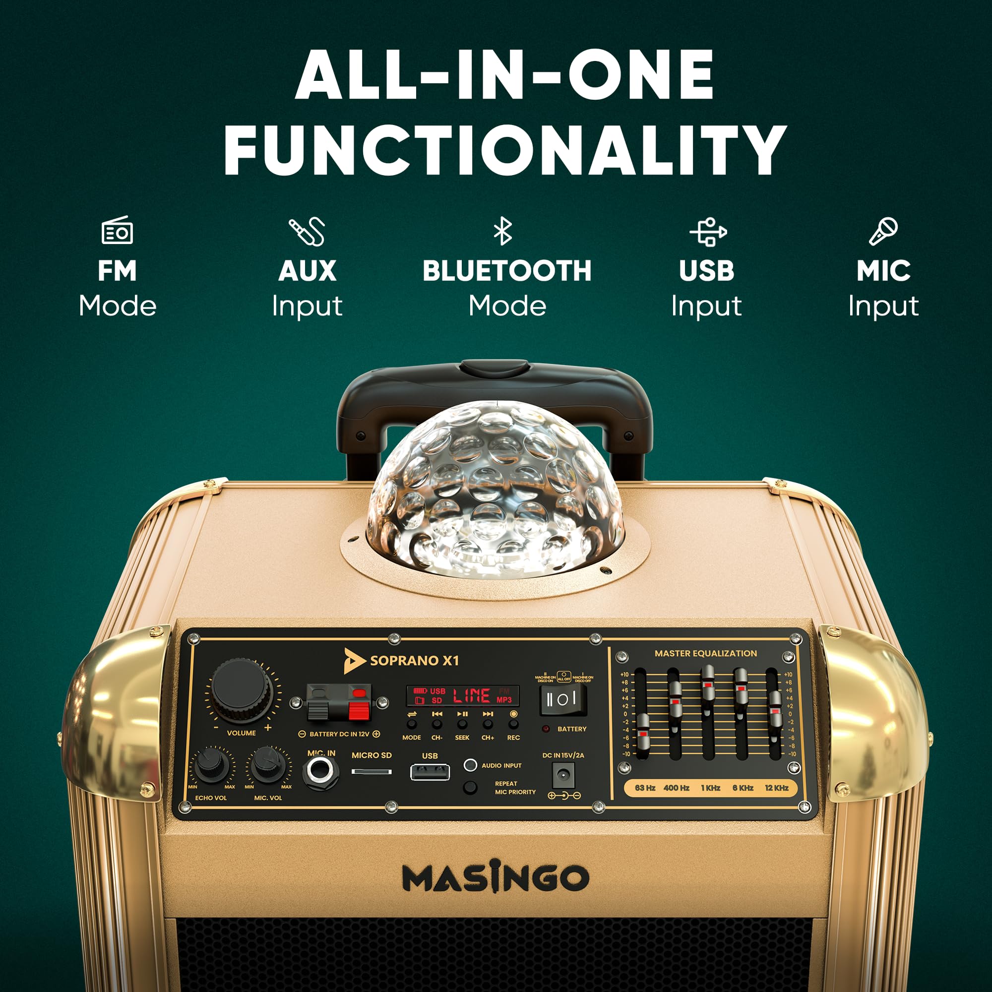 MASINGO X1 Karaoke Machine with Bluetooth Wireless Microphones - Portable PA Speaker System for Adults & Kids, Includes Disco Ball Party Lights, Lyrics Display Tablet Holder & TV Cable - Perfect for Home Parties, Birthday Celebrations & Family Gatherings