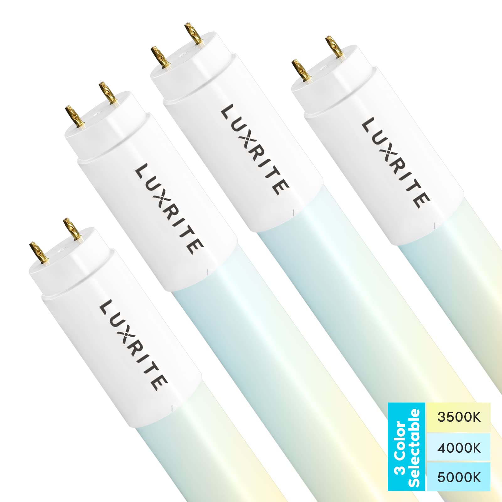 Luxrite 4FT T8 LED Tube Light - 18W (Replaces 32W) - 3 Color Temperatures (3500K/4000K/5000K) - Type A+B Installation - Plug & Play or Ballast Bypass - 2340 Lumens - Frosted Cover - UL & DLC Certified (4 Pack) - Perfect for Office, Garage, Warehouse & Commercial Lighting