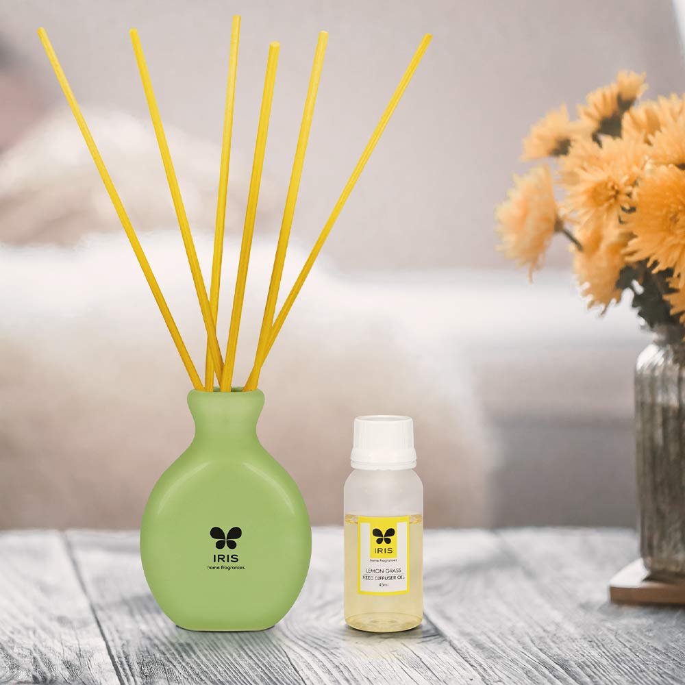 Premium IRIS Lemongrass Reed Diffuser - Natural Aromatherapy, Toxin-Free Home Fragrance for Relaxation & Mood Enhancement - Made in India (50 x 50 x 100mm) - Perfect for Living Rooms, Bedrooms & Office Spaces