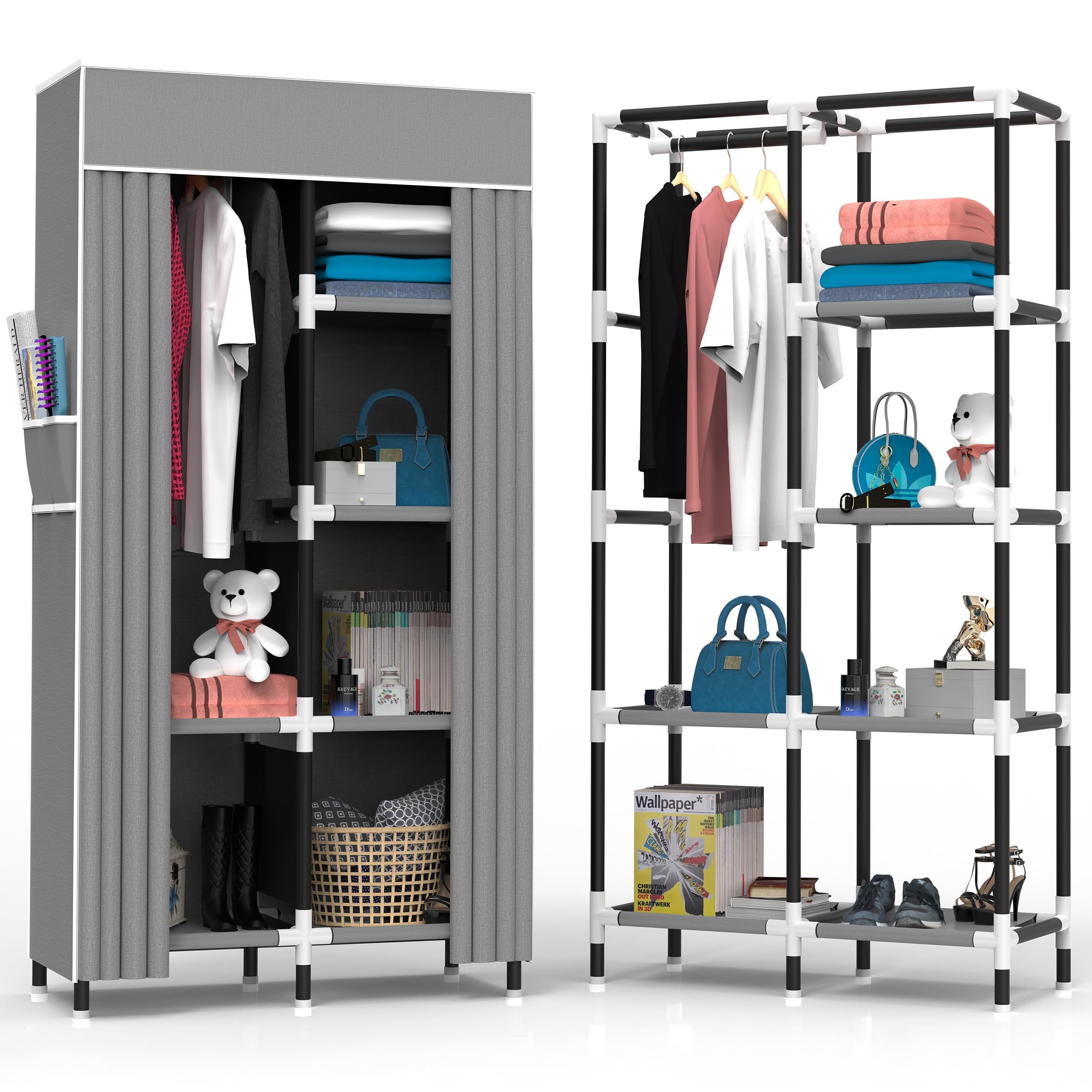 Portable Closet Wardrobe Organizer with 6 Shelves & Hanging Rack - Compact Clothes Storage for Small Spaces | Perfect for Apartments, Dorms, Travel & Seasonal Clothing Organization (Grey, Small)