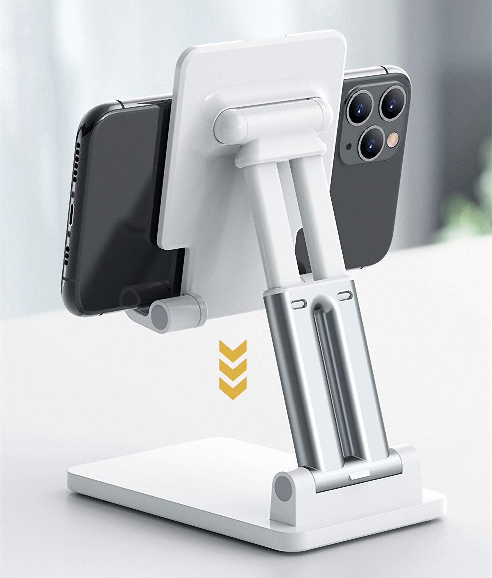 Adjustable Cell Phone Stand with Dual Tube Foldable Design - Portable Tablet Holder for Desk, Anti-Slip Phone Stand Compatible with iPad, iPhone & Smartphones (White) - Perfect for Office, Home & Travel Use