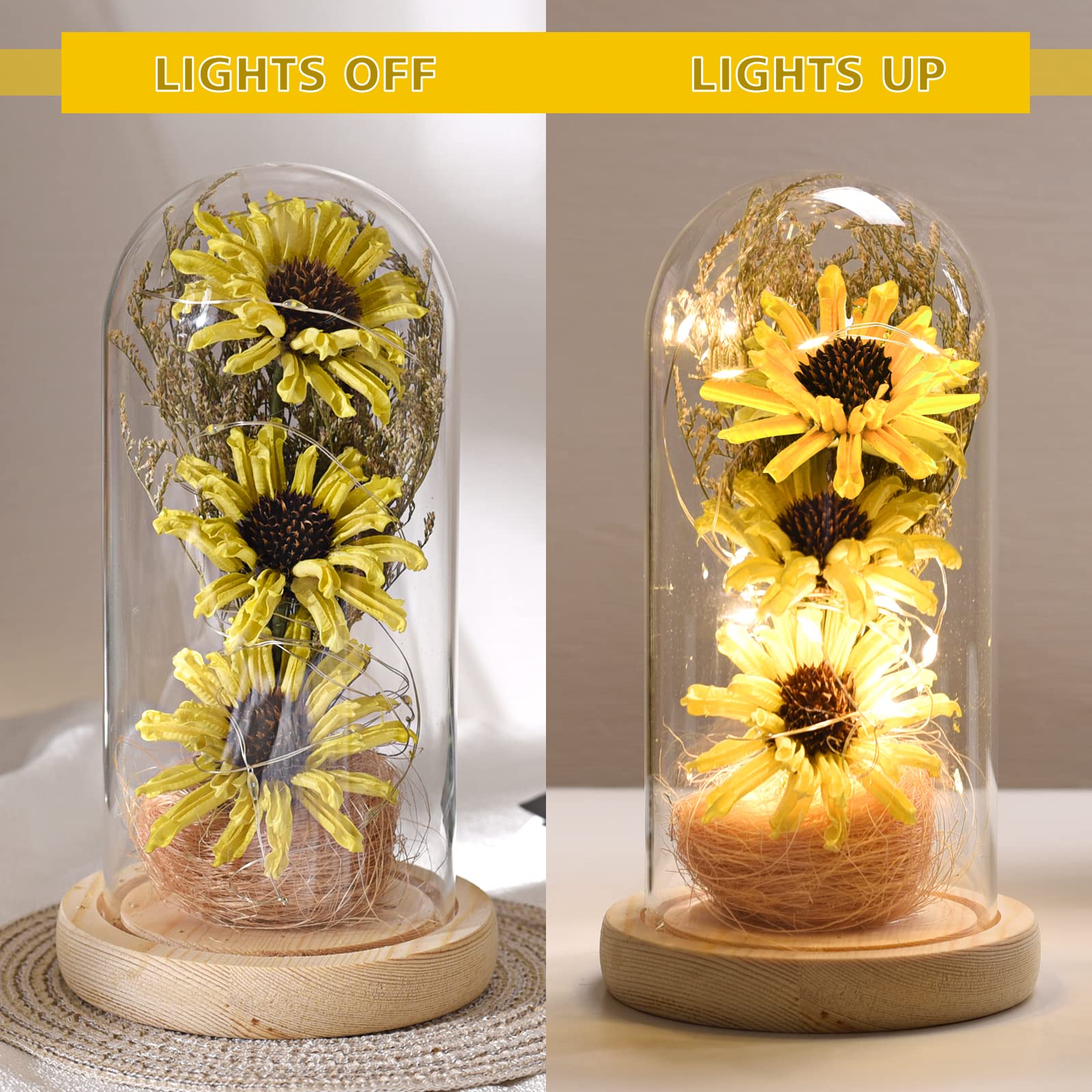 Sunflower Gifts for Women - LED Artificial Sunflowers in Glass Dome, Birthday & Holiday Gift for Mom, Grandma - Mother's Day, Christmas, Valentine's Day Home Decor (Yellow) - Perfect for Living Room, Bedroom, Office Desk & Wedding Centerpieces