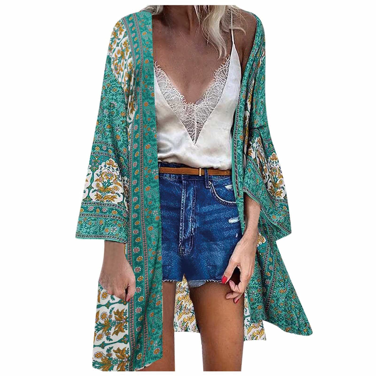 Bohemian Print Long Sleeve Loose Cardigan for Women - Flowy Beach Cover Up, Holiday Tunic Top, Casual Layering Piece | Perfect for Vacations, Beach Outings & Boho Fashion Styles