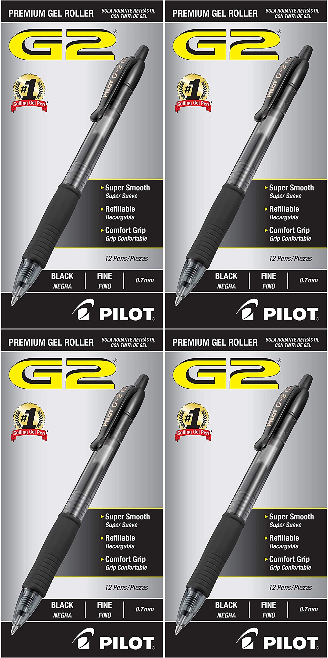 PILOT G2 Premium Refillable Retractable Gel Pens - Fine Point 0.7mm Black Ink - 12-Pack (4 Sets) for Office, School, Note Taking & Gift Giving