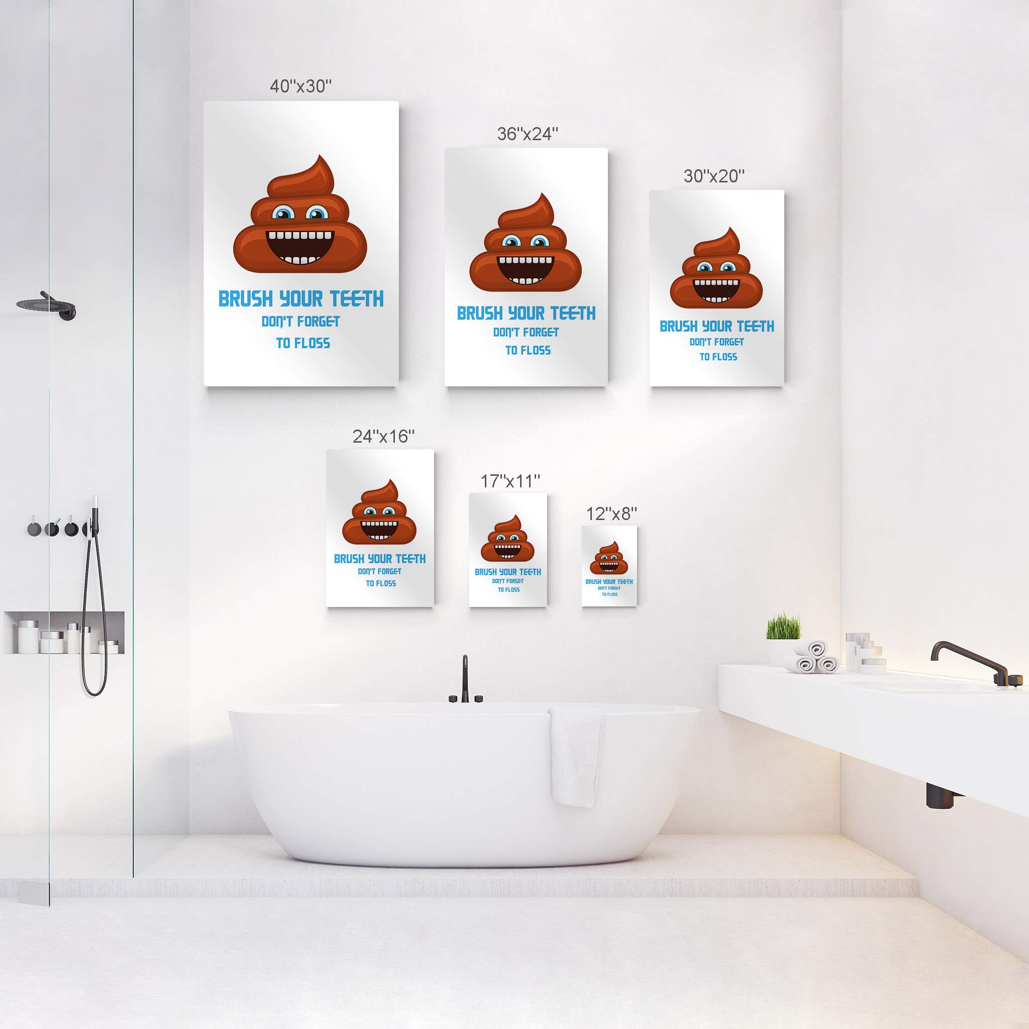 Funny Bathroom Wall Art - 'Brush Your Teeth & Don't Forget to Floss' Metal Print Sign | Kids Bathroom Decor | Ready to Hang 40x30 | Made in USA | Perfect for Bathrooms, Toilets & Kids' Rooms