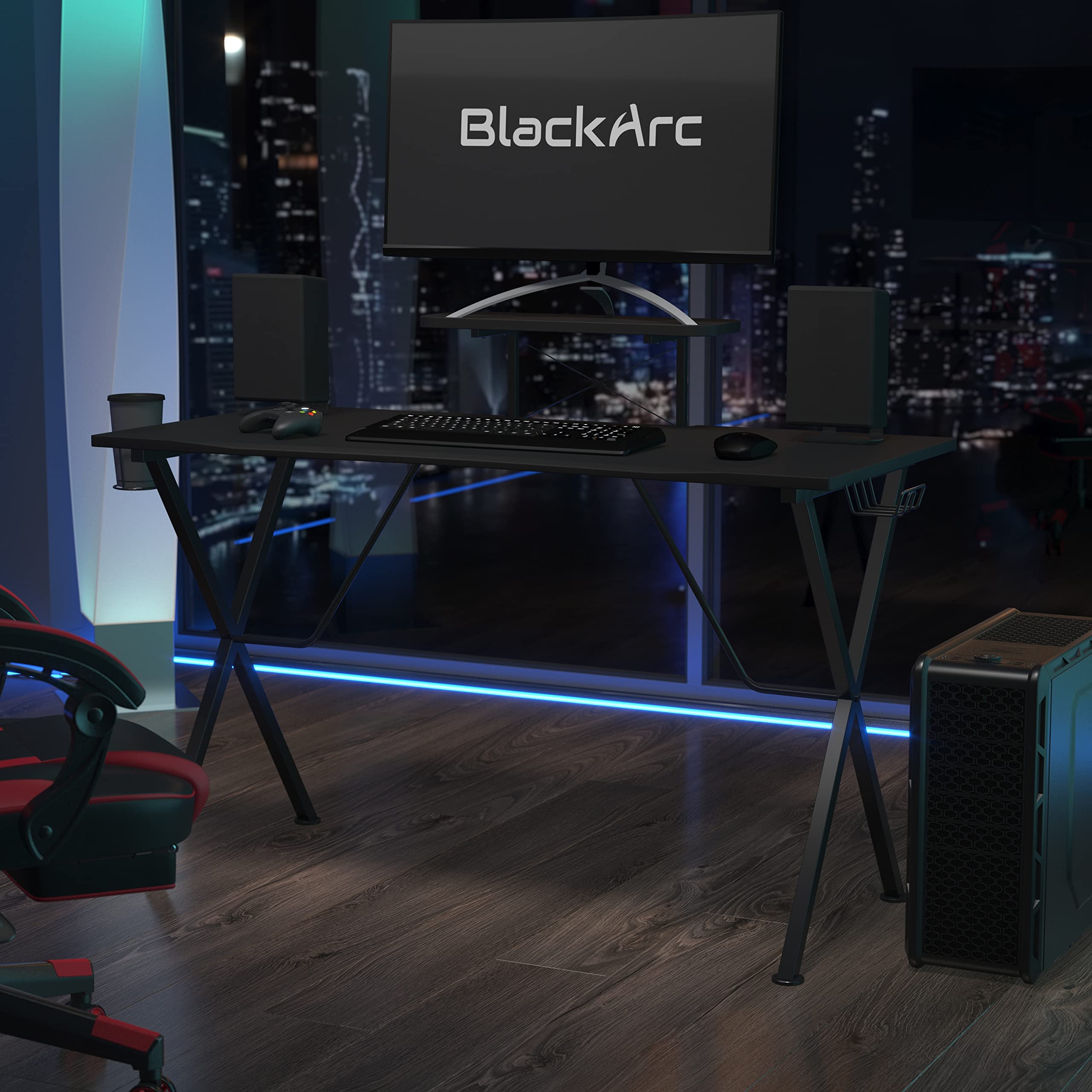 BlackArc Division X Gaming Desk - Black Laminate Top & Steel Frame with Detachable Cup Holder, Headphone Hook & Smartphone Stand | Perfect for PC Gaming Setup, Home Office & Streaming Stations