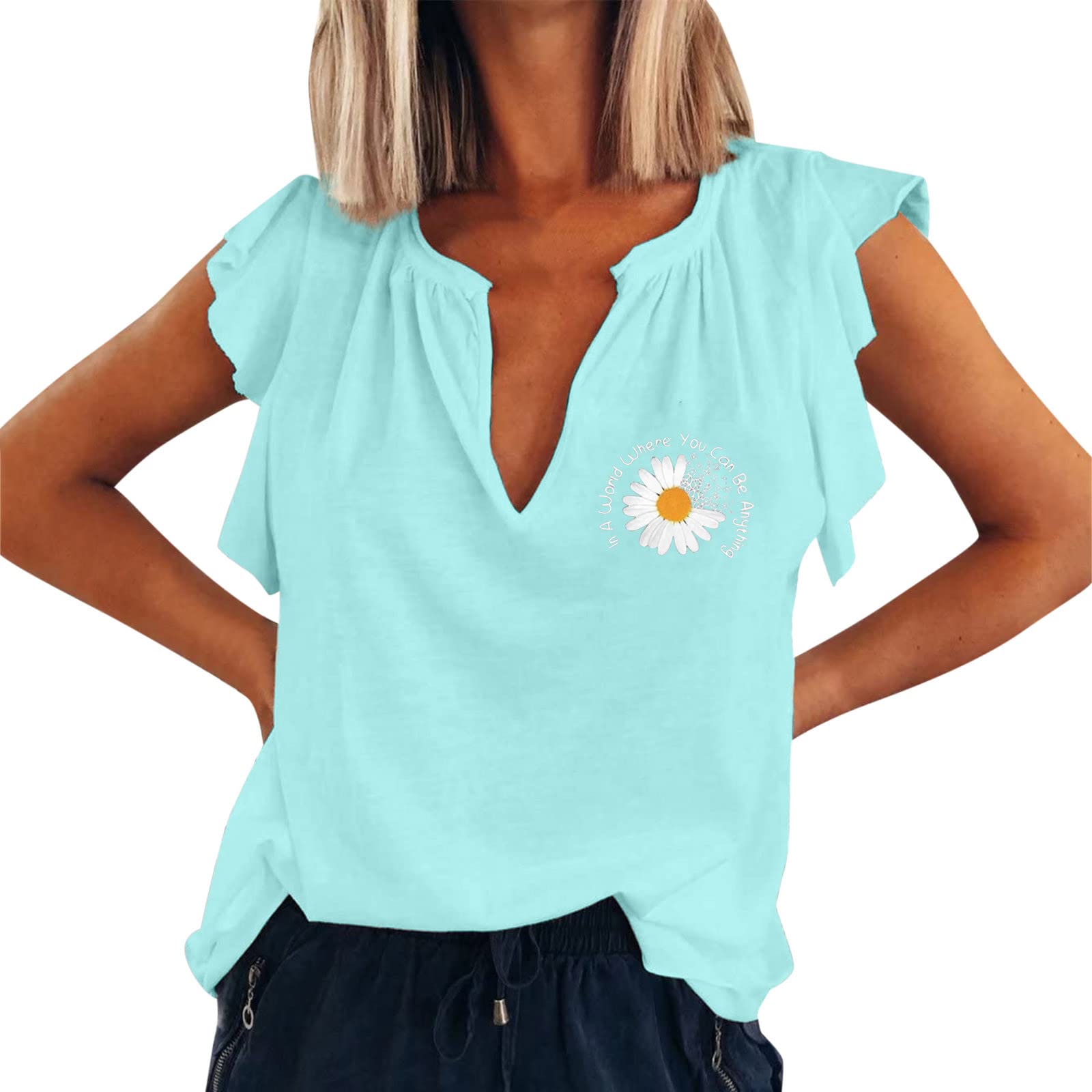 Women's Summer Sleeveless V-Neck Ruffle Tank Tops - Casual Loose Fit Blouses & Sexy Tee Shirts for Beach, Vacation, and Everyday Wear