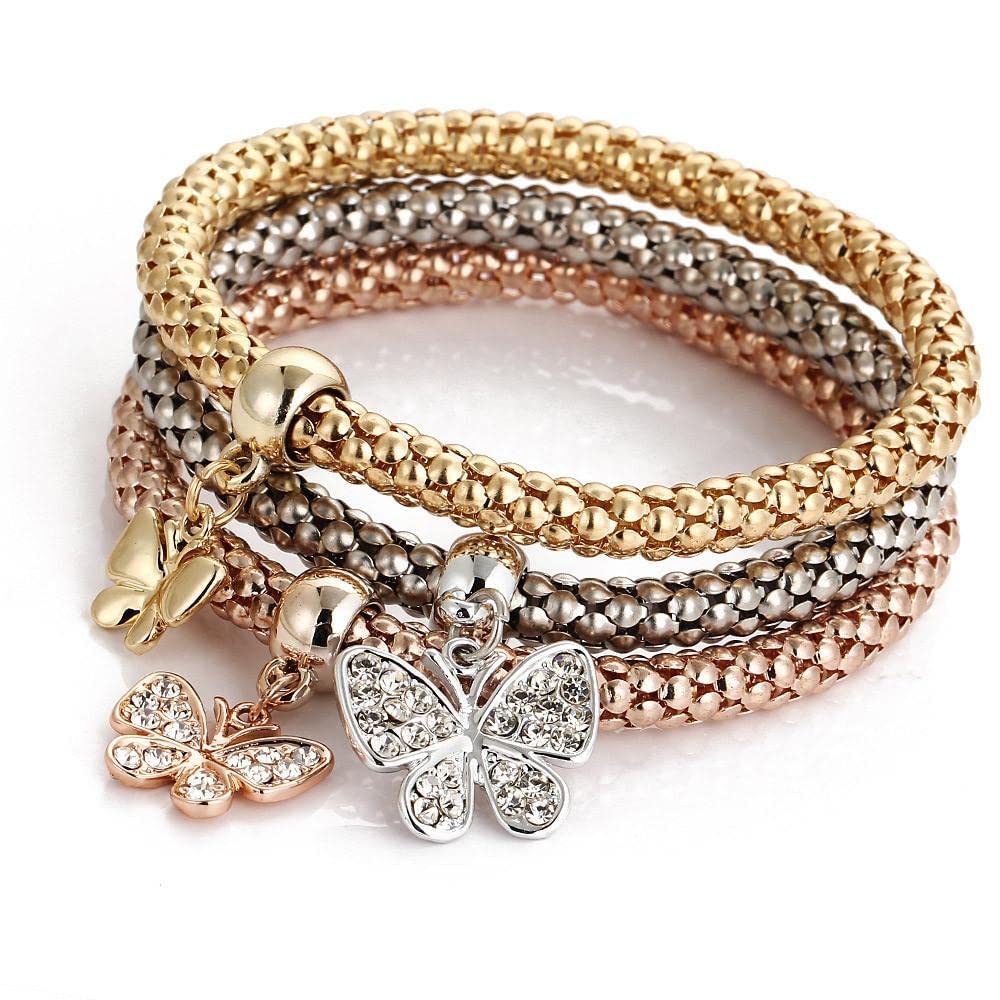 3-Piece Women's Crystal Charm Bracelet Set - Gold, Silver & Rose Gold Corn Chain Rhinestone Bangle Stretch Bracelet Jewelry (Perfect for Parties, Weddings & Everyday Wear)