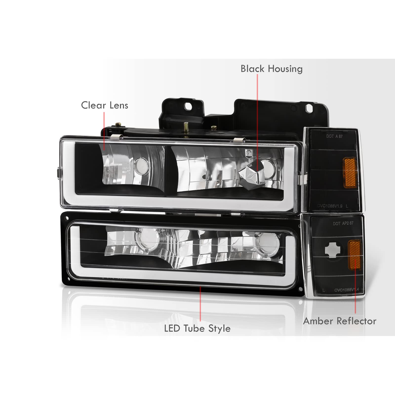 Black Amber LED DRL Driving Headlights + Corner Bumper Signal Lamps - Compatible with Chevy C10 C/K C1500 C2500 C3500 K1500 K2500 K3500 Blazer Silverado Suburban (1988-1993) | High Visibility Daytime Running Lights for Enhanced Safety & Style