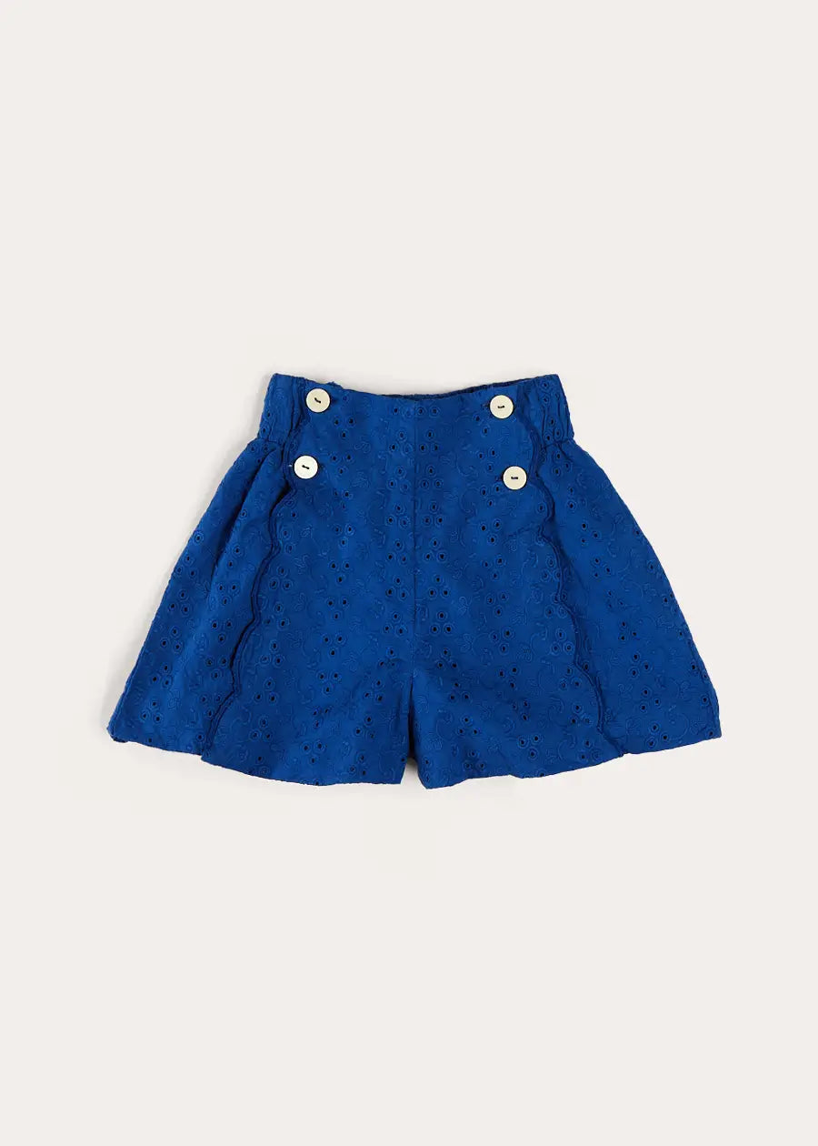 Blue Broderie Anglaise Button Detail Shorts for Girls (4-12 Years) - Perfect for Summer Outfits, Playdates, and Casual Wear