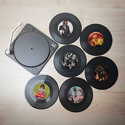 Retro Vinyl Record Cup Coasters Set of 6 with Turntable Holder - Unique Gift for Music Lovers, Perfect for Home Bars, Coffee Tables & Vinyl Record Player Decor