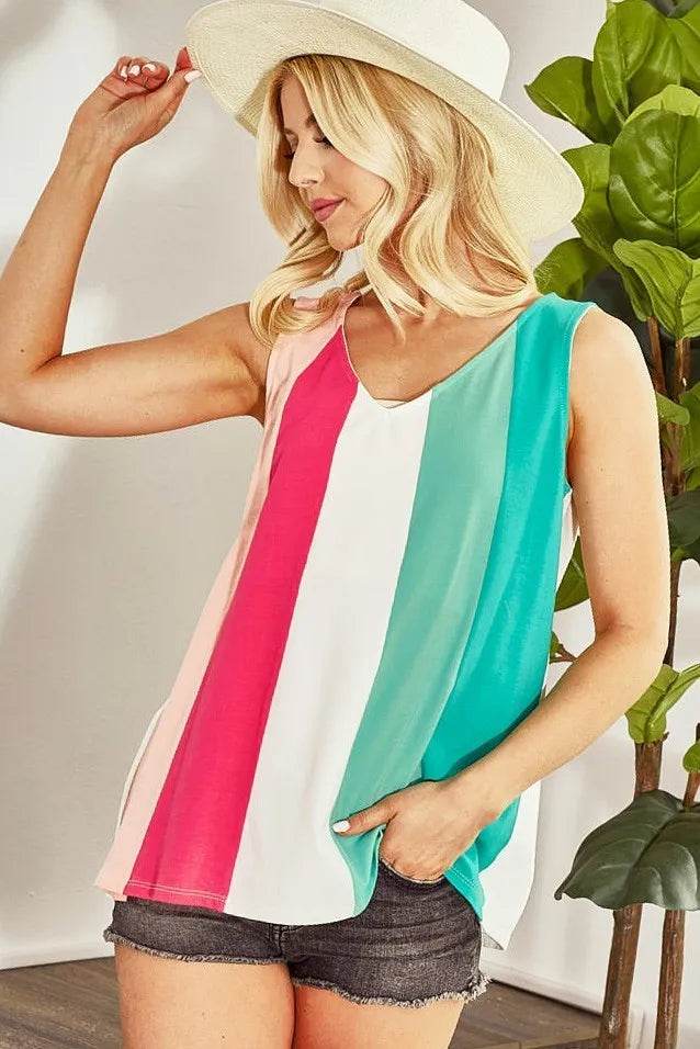BiBi Cotton Span Knit Color Block Sleeveless Top for Women - Breathable Summer Casual Wear, Perfect for Beach Outings & Yoga