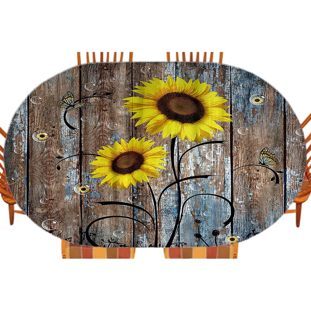 Sunflower Fitted Table Cover - Rustic Yellow Floral Design on Brown Barn Door Pattern, Waterproof Indoor/Outdoor Tablecloth for Farmhouse Decor, Fits 48x68 Inch Tables - Perfect for Autumn Dining, Kitchen, Patio & Picnic Gatherings