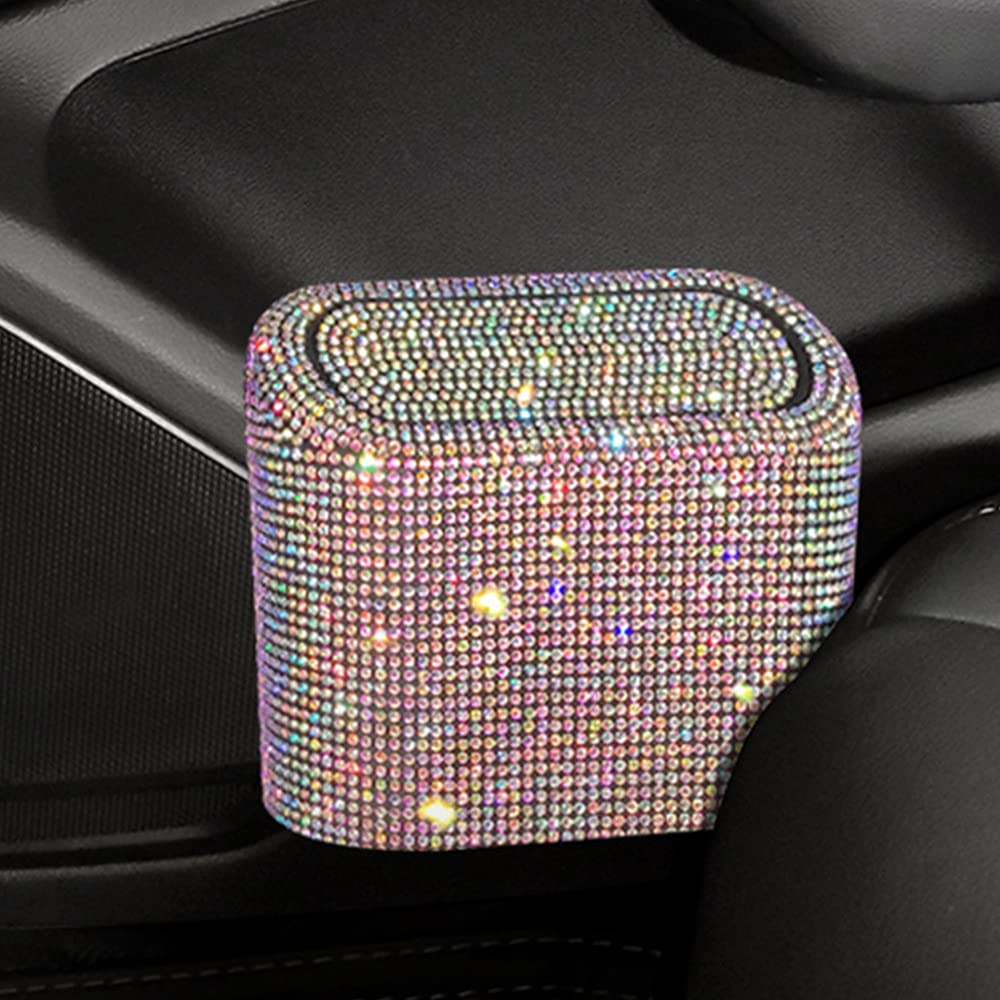 Sparkly Car Trash Can with Lid - Bling Rhinestone Hanging Garbage Bin for Vehicle, Office & Home - Perfect for Road Trips, Commuting & Organization