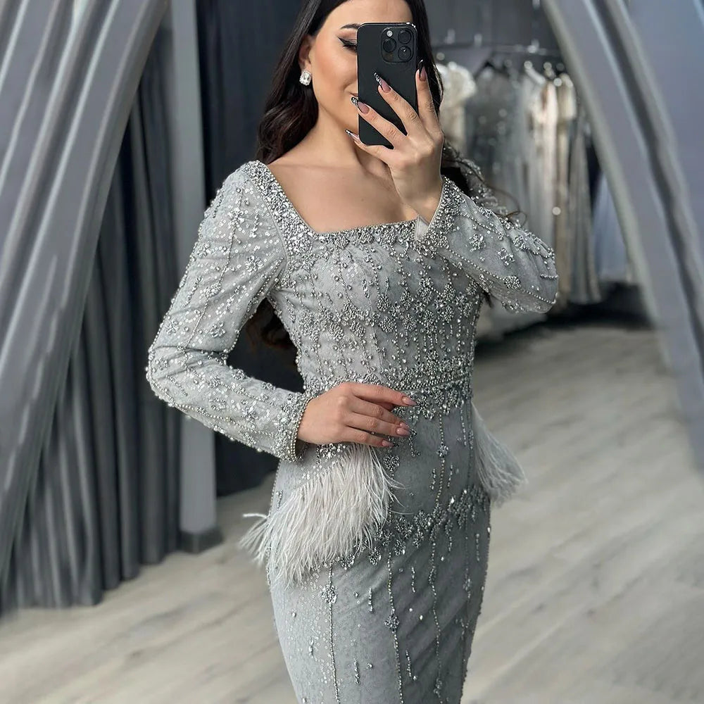 Elegant Silver Gray Mermaid Tea Length Evening Dress with Feathers - LA71669L - Perfect for Prom, Cocktail Parties & Formal Events
