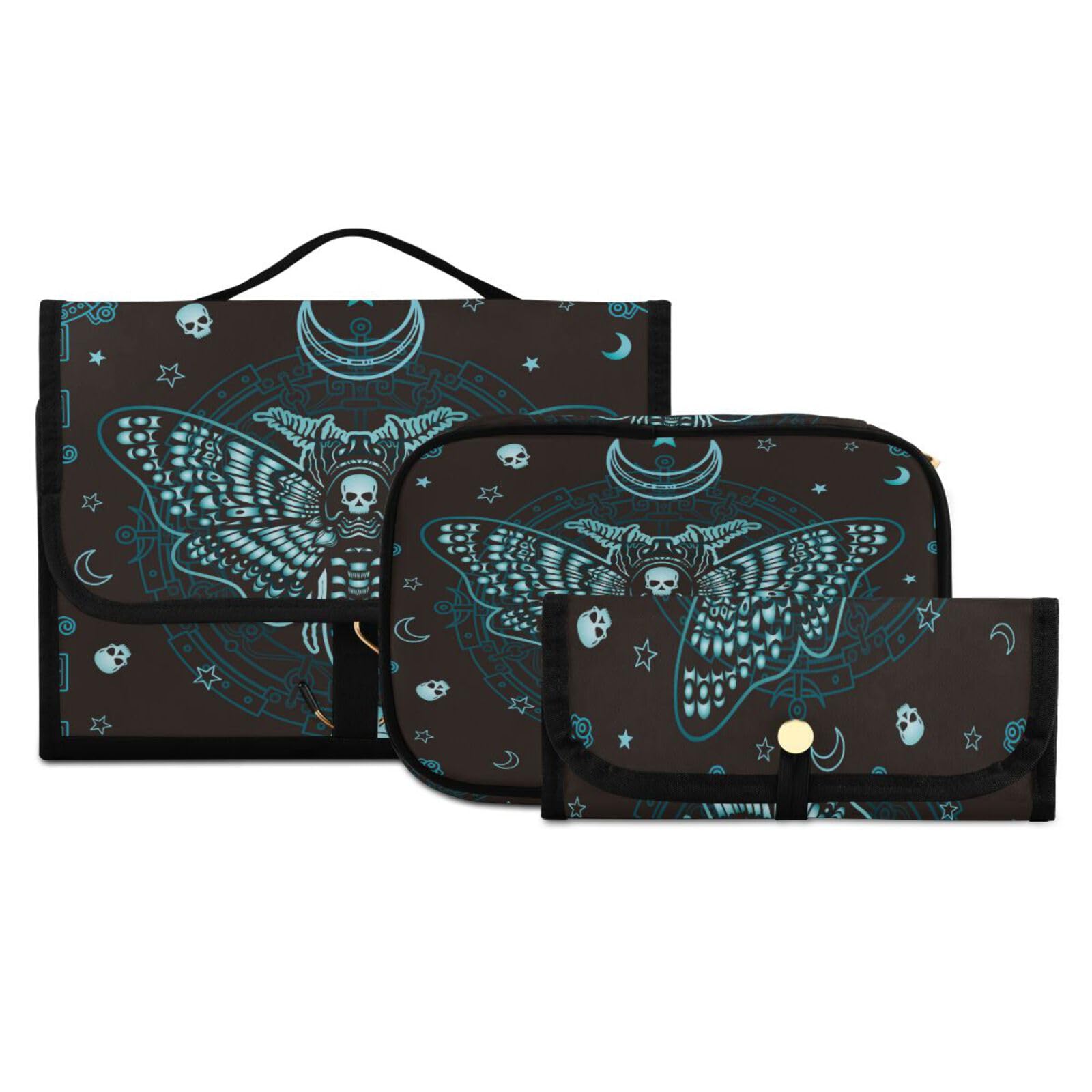 Butterfly Skull Mystical Hanging Toiletry Bag Set - 3 PCS Clear Travel Makeup Organizer for Women, Portable Cosmetic Storage Bag for Bathroom, Gym, Camping & Vacation Essentials
